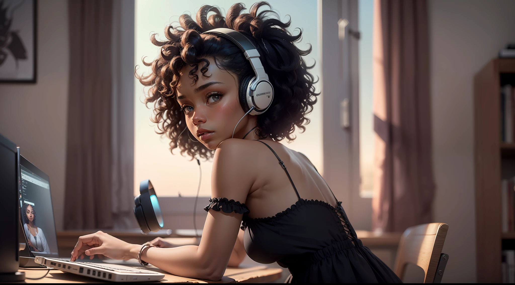 Portrait of a beautiful girl, ((Brazilian)), ((black)), ((silhouette)), ((black skin)), ((full body))), (((face from the back))), ((curly hair) ), in his room, ((sitting on a chair at a table with a computer)), ((looking at the computer)), (headphones), ((facing a large window)), (looking at the window in front of you), (wearing a dress), realistic, high definition, texture ultra hd skin and hair, (night), Ultra-HD, digital, cinematic lighting, panoramic perspective, extremely detailed, intricate, 8k