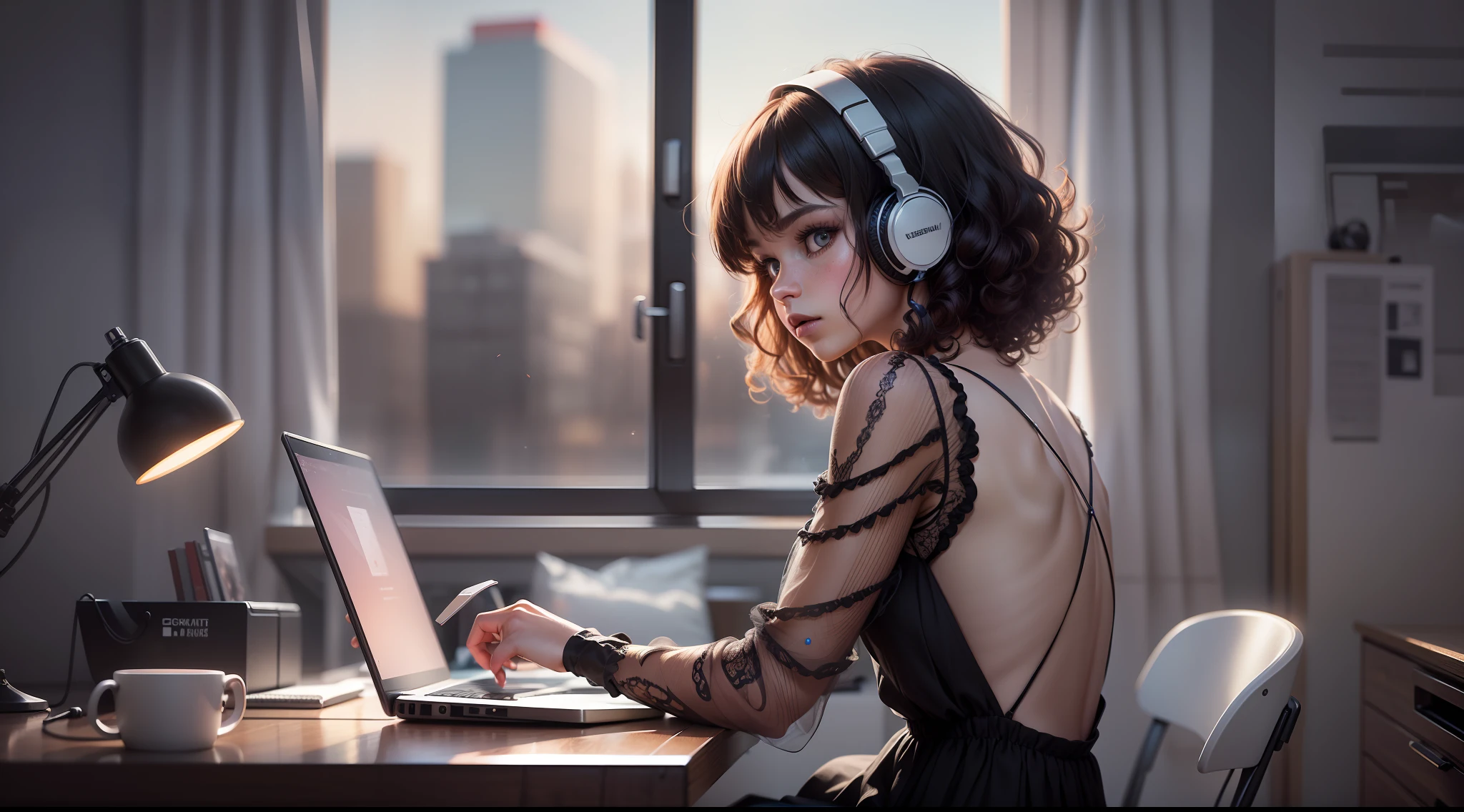 Portrait of a beautiful girl, ((Brazilian)), ((black)), (silhouette), (black skin), ((full body))), ((back to back)), ((curly hair)), in his room, ((sitting on a chair at a table with a computer)), ((looking at the computer)), (headphones), ((facing a large window)), (looking at the window in front of you), (wearing a dress), realistic, high definition, texture ultra hd skin and hair, (night), Ultra-HD, digital, cinematic lighting, panoramic perspective, extremely detailed, intricate, 8k