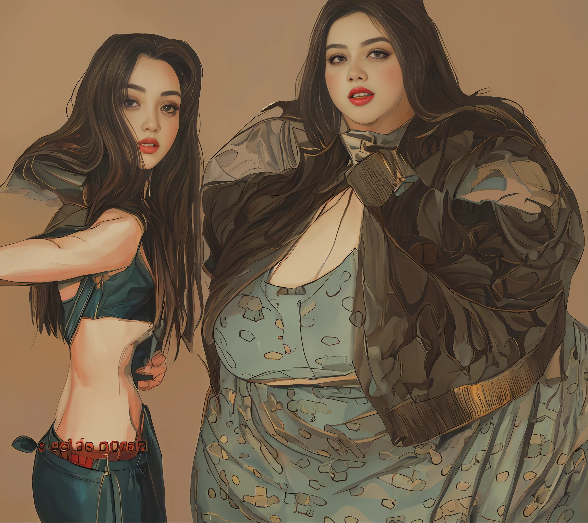 there are two women that are standing next to each other, una mujer con figura anorexica y ptra mujer muy gorda. in the art style of bowater, arte digital. @Mariomaniacdude, Pintura digital de dibujos animados, # 1 pintura digital de todos los tiempos, #1 pintura digital de todos los tiempos, en estilo de pintura digital, Charli Bowater y Artgeem, dolor digital, obeso ), oil digital painting, fondo blanco.
