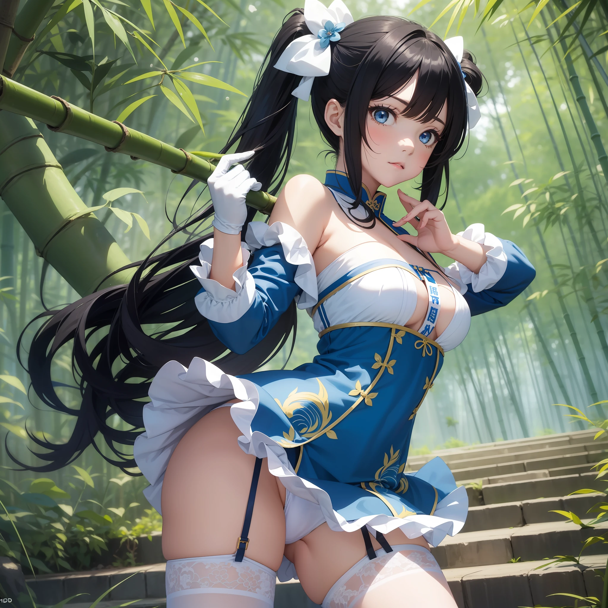Girl with long thin hair in 2 pigtails and blue ties, anime girl with black hair, off shoulder, Using a white blue short cheongsam, blue stocking, dance style, in the bamboo tree, blue eyes, masterpiece, UHD, Big eyes, blue high heels, White gloves, Chinese outfit, White panties, kick