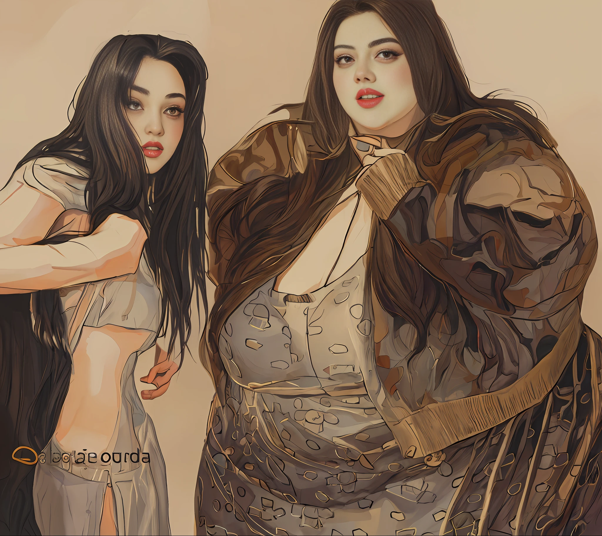 there are two women that are standing next to each other, una mujer con figura anorexica y ptra mujer muy gorda. in the art style of bowater, arte digital. @Mariomaniacdude, Pintura digital de dibujos animados, # 1 pintura digital de todos los tiempos, #1 pintura digital de todos los tiempos, en estilo de pintura digital, Charli Bowater y Artgeem, dolor digital, obeso ), oil digital painting, fondo blanco.