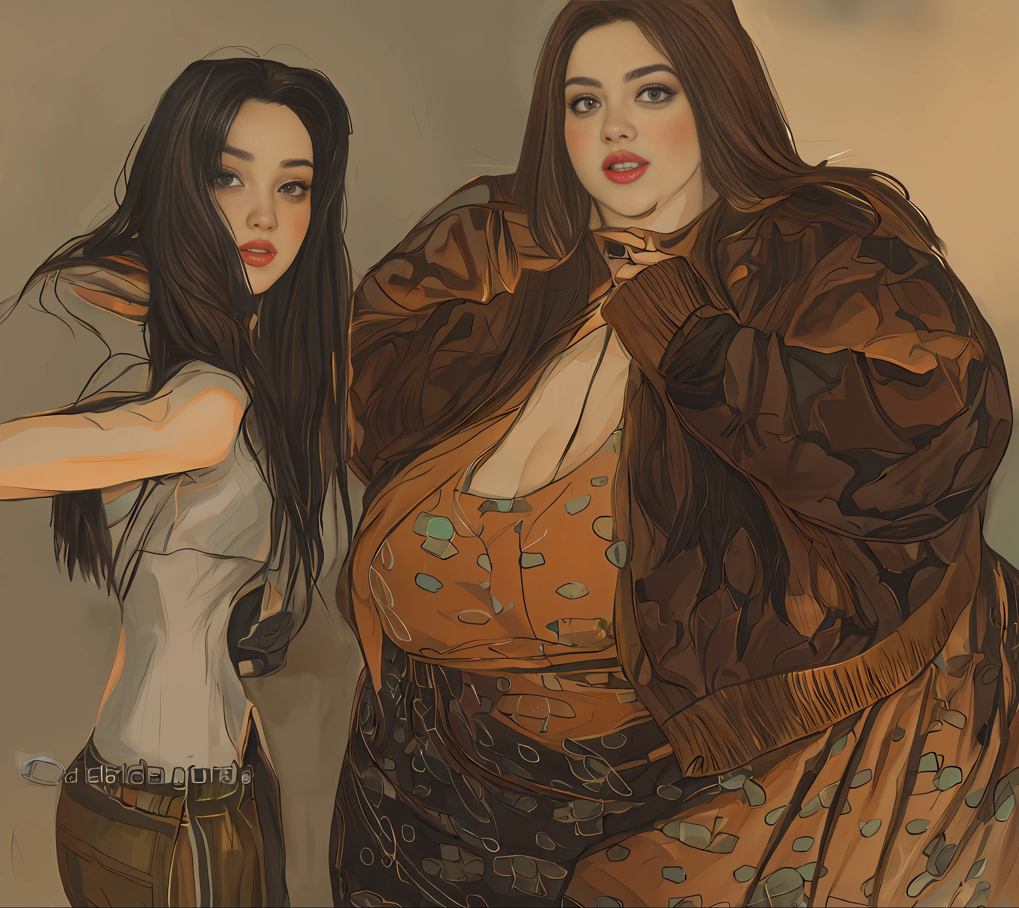 there are two women that are standing next to each other, una mujer con figura anorexica y ptra mujer muy gorda. in the art style of bowater, arte digital. @Mariomaniacdude, Pintura digital de dibujos animados, # 1 pintura digital de todos los tiempos, #1 pintura digital de todos los tiempos, en estilo de pintura digital, Charli Bowater y Artgeem, dolor digital, obeso ), oil digital painting, fondo blanco.