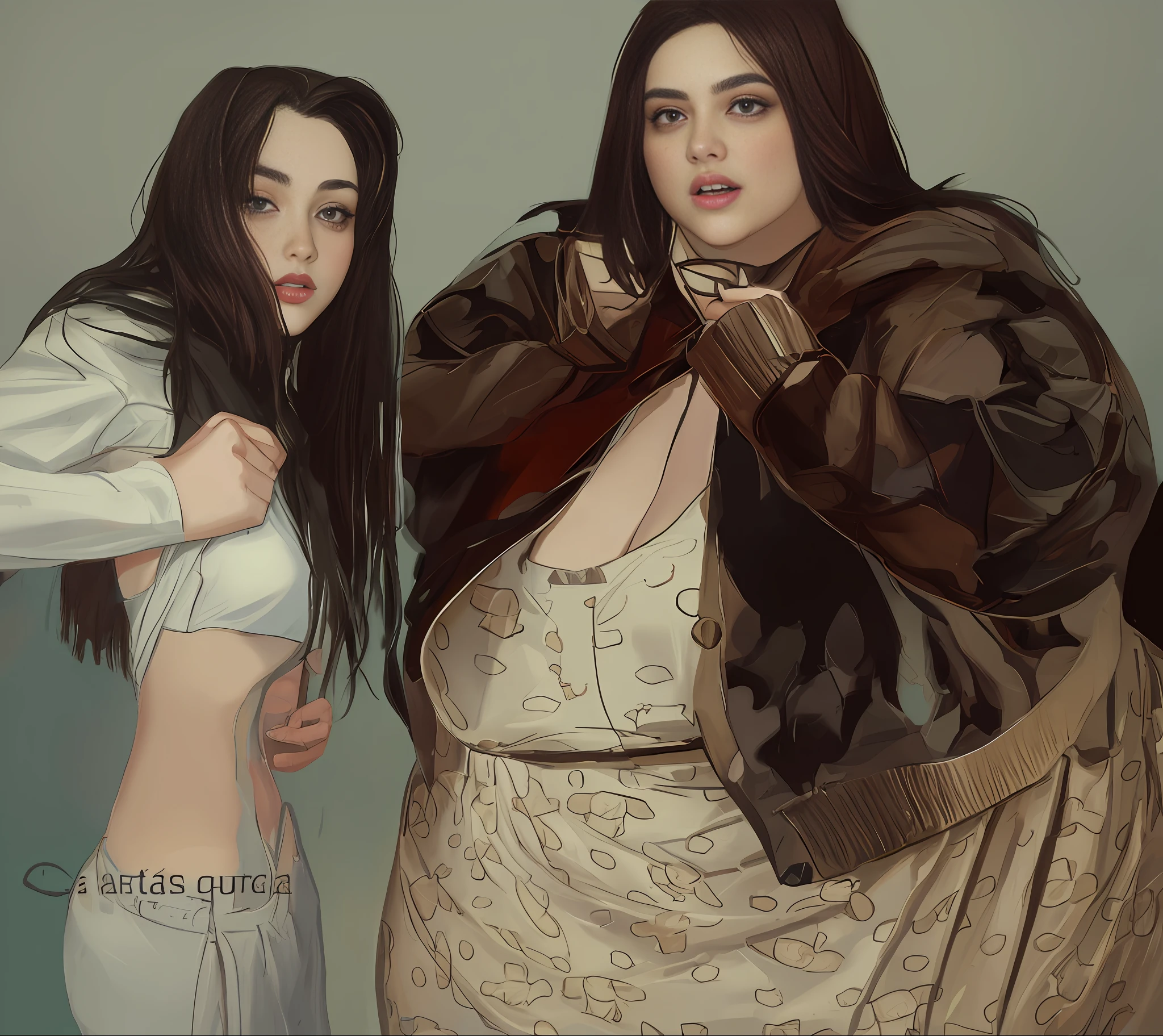 there are two women that are standing next to each other, in the art style of bowater, arte digital. @Mariomaniacdude, Pintura digital de dibujos animados, # 1 pintura digital de todos los tiempos, #1 pintura digital de todos los tiempos, en estilo de pintura digital, Charli Bowater y Artgeem, dolor digital, obeso ), oil digital painting, fondo blanco.