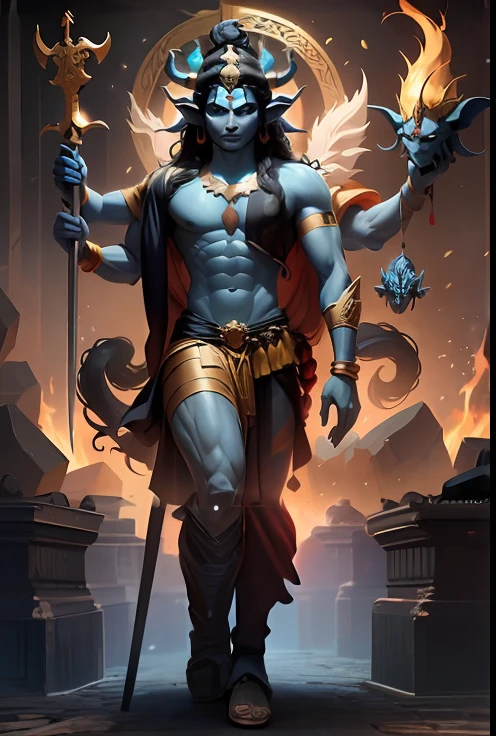 a man with a horned head and a sword standing in front of a fire, god shiva the destroyer, Shiva, lord shiva, Avatar image, kali, hindu god, indian god, attractive male deity, cyborg hindu godbody, djinn man male demon, male djinn man demon hybrid, Hindu gods, god of the underworld, kaladesh, legendary god holding spear,