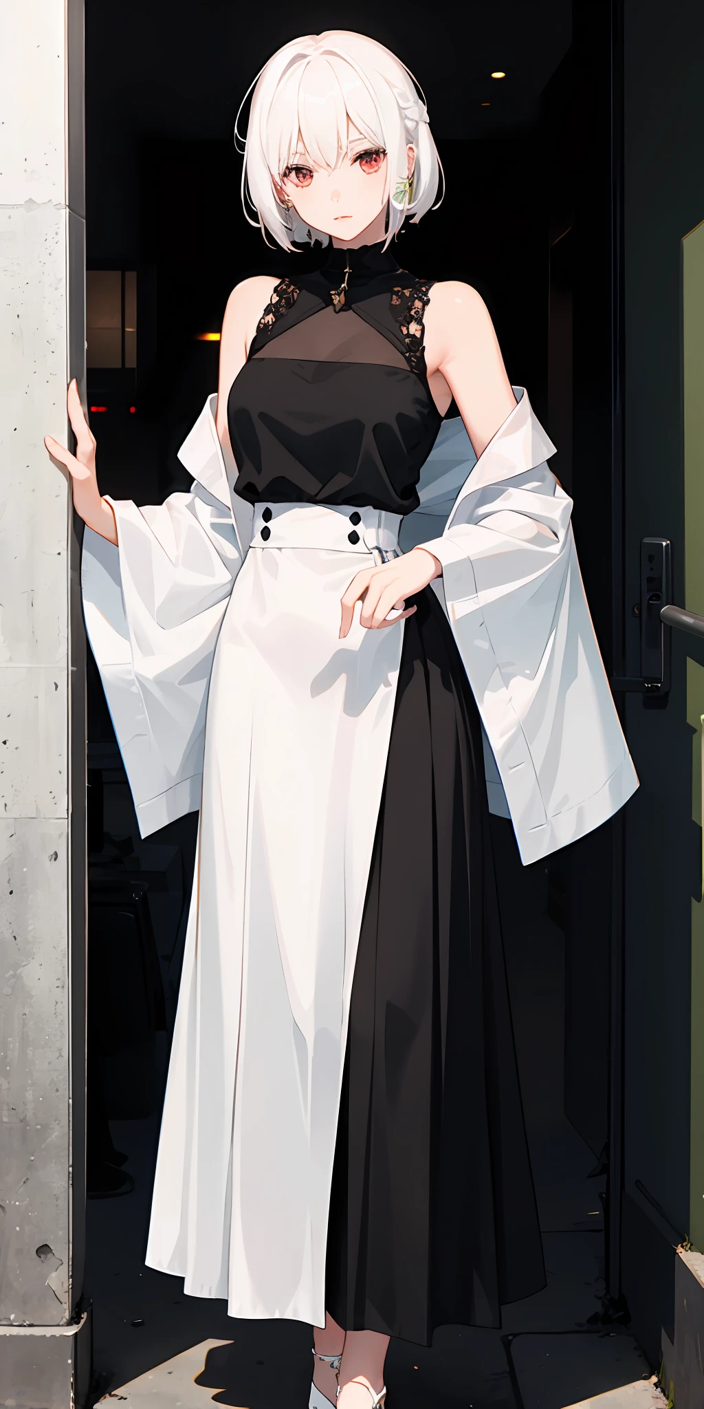 1girls、White hair((white hair))、short-hair、Red eyes、Beautiful eyes、sidelit、wall paper、long skirt of black color