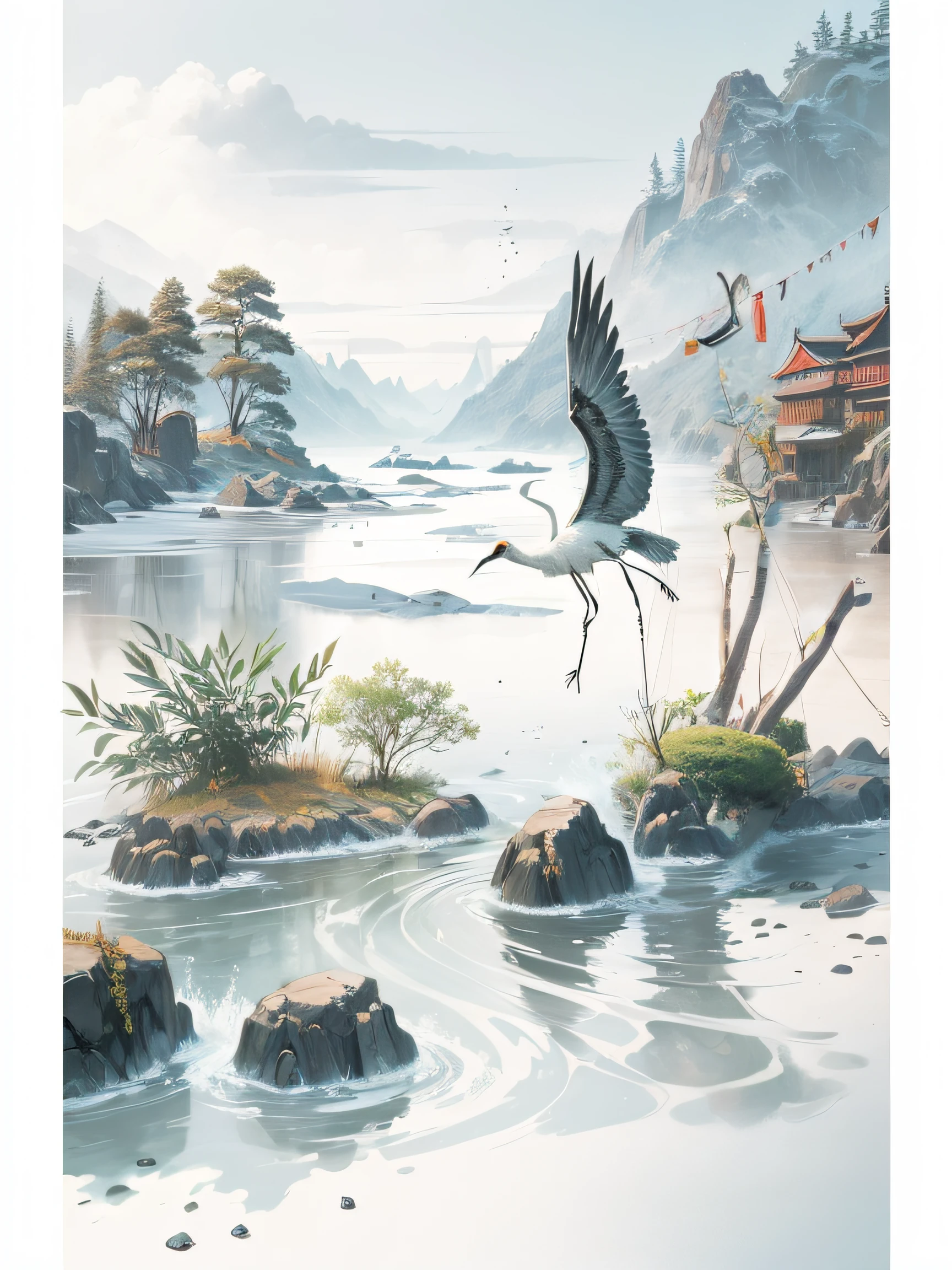 painting of a crane flying over a boat in a body of water, inspired by sung choi, a beautiful artwork illustration, serene illustration, inspired by Kōshirō Onchi, inspired by Ryōhei Koiso, Illustration matte painting, Detailed painting 4 k, birds f cgsociety, published concept art, author：Jason Benjamin, novel cover art for a book，Ripe wheat