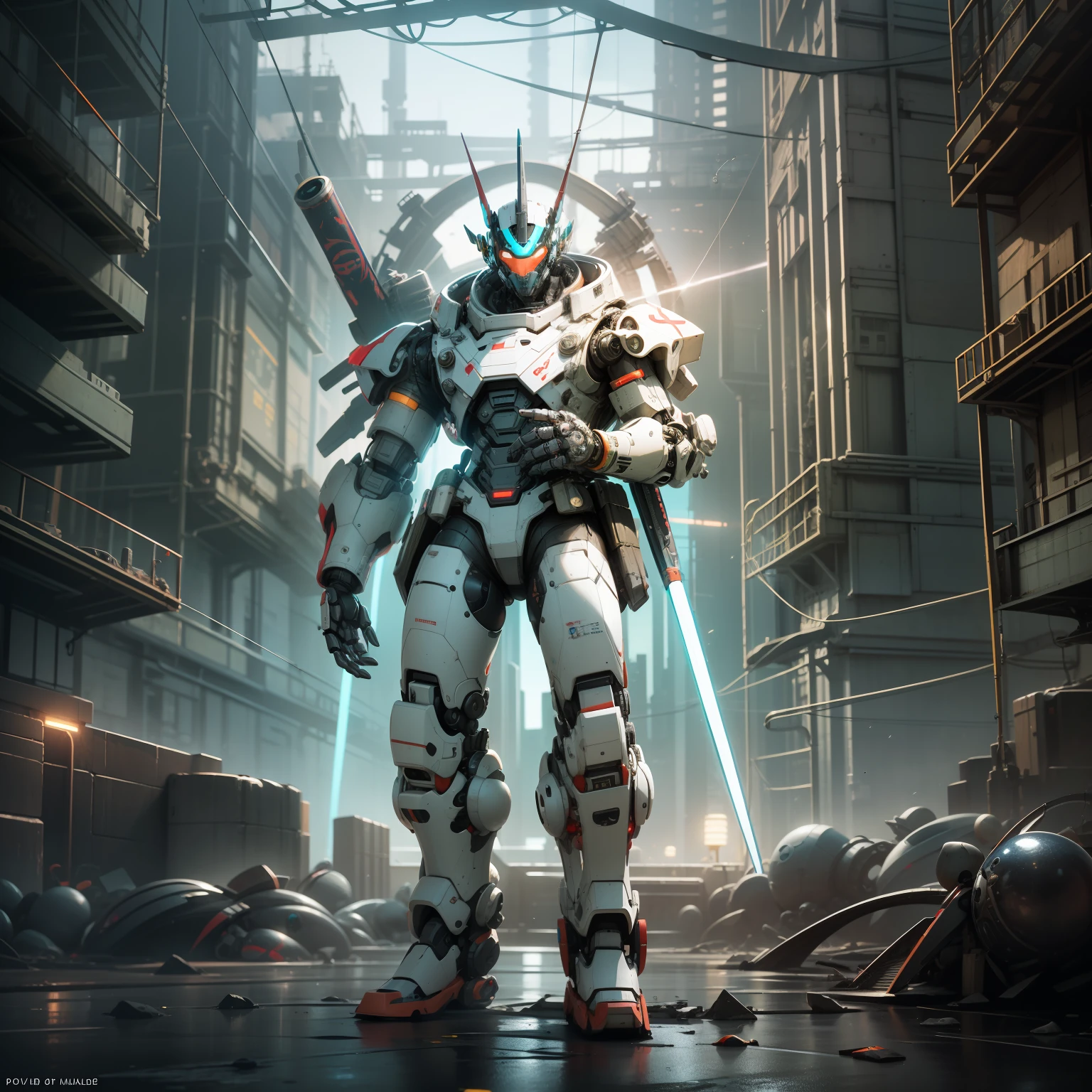 there is a robot with two swords and a helmet on, a raytraced image inspired by Kagaku Murakami, polycount contest winner, neo-dada, cute elaborate epic robot, tintoy characterdesign robot, the robot has a fishing rod, round robot, wheatly from portal 2, futuristic robot devil, detailed cosmic angelic robot, robot made of jet parts