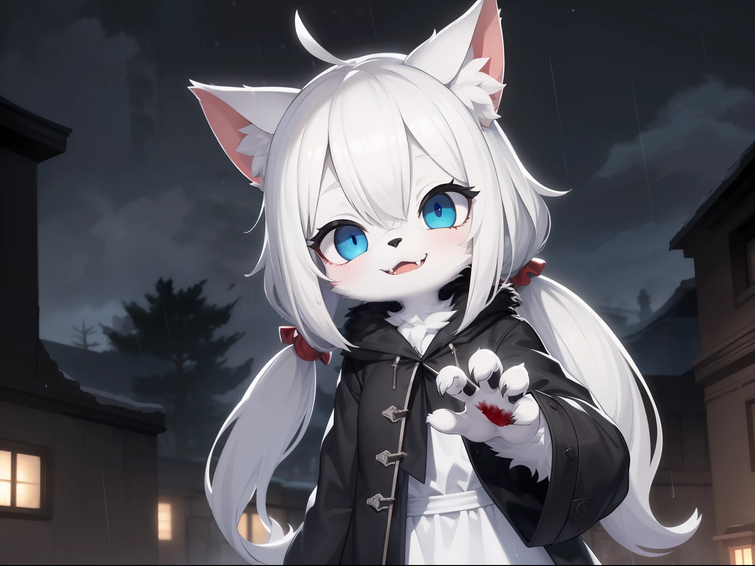 Cat Girl，was hairy，shaggy，Skin fur，White fur，Forelimb hands，hair splayed out，White ears，White face fur，White hair, hair splayed out, Shiny hair，Long hair，Hairline,low twintails，Blue eyes，Super cute face，Empty eyes，Crazy smile， Fangs，daggers，bat hair ornament，White dress，Ambient light，Ultra-fine fur，volumettic light，dashed eyes, bangs, light and darkcontrast, ultra high def, 巨作, Super detail，Ruins background，crow，Night，starry light，Under the rain，In the rain，Drizzle，Wet with rain，rainy outside，blood, blood_On_clothes, blood_stain，High quality, ultra high def, high resolucion, Anatomically correct