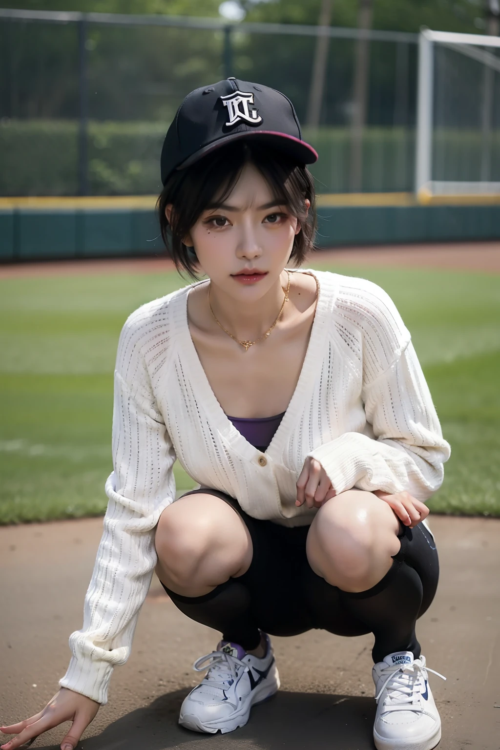 (巨作:1.3), (8K, Photorealistic, OriginalPhoto, Best quality: 1.4), (1girls), Beautiful face, (Realistic face), (Black hair, Short hair:1.3), Nice hairstyle,realisticeyes,Nice detail eyes,((Realistic skin)),Beautiful skins,(sweater),absurd res,enticing,ultra-high-resolution,Ultra photo realsisim,Heavily detailed,the golden ratio,Beige sneakers,(Purple Sports Bra),Black and white Baseball cap,巨作, Best quality, fishnet thighhighs,loli,Crouch,
