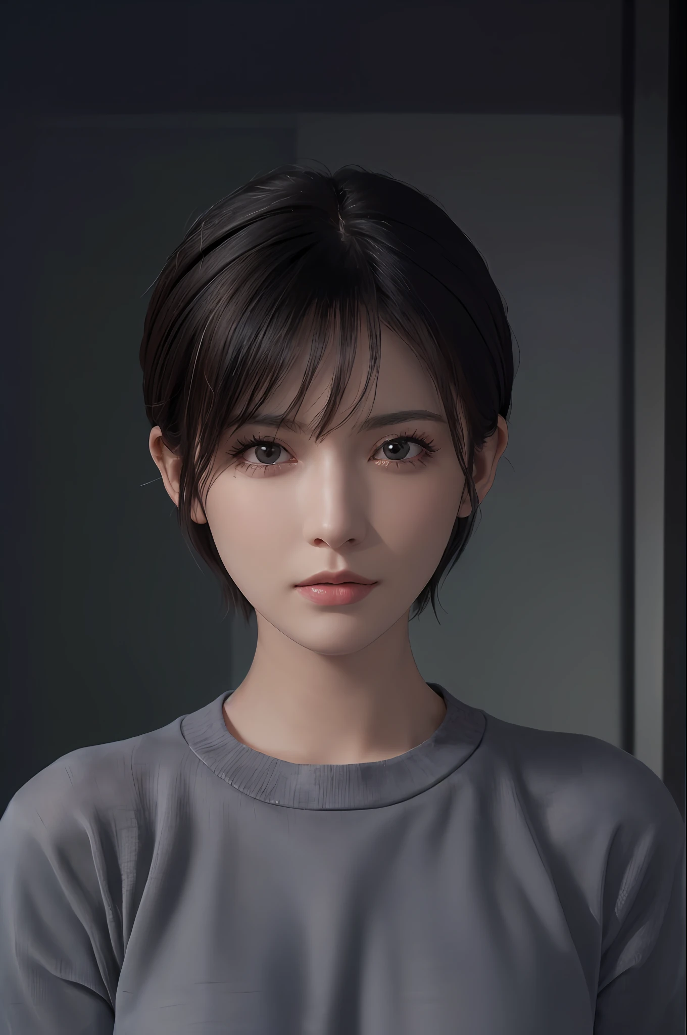 (masterpiece:1.3), (8k, photorealistic, RAW photo, best quality: 1.4), (1girl), beautiful face, (realistic face), (black hair, short hair:1.3), beautiful hairstyle, realistic eyes, beautiful detailed eyes, (realistic skin), beautiful skin, (sweater), absurdres, attractive, ultra high res, ultra realistic, highly detailed, golden ratio