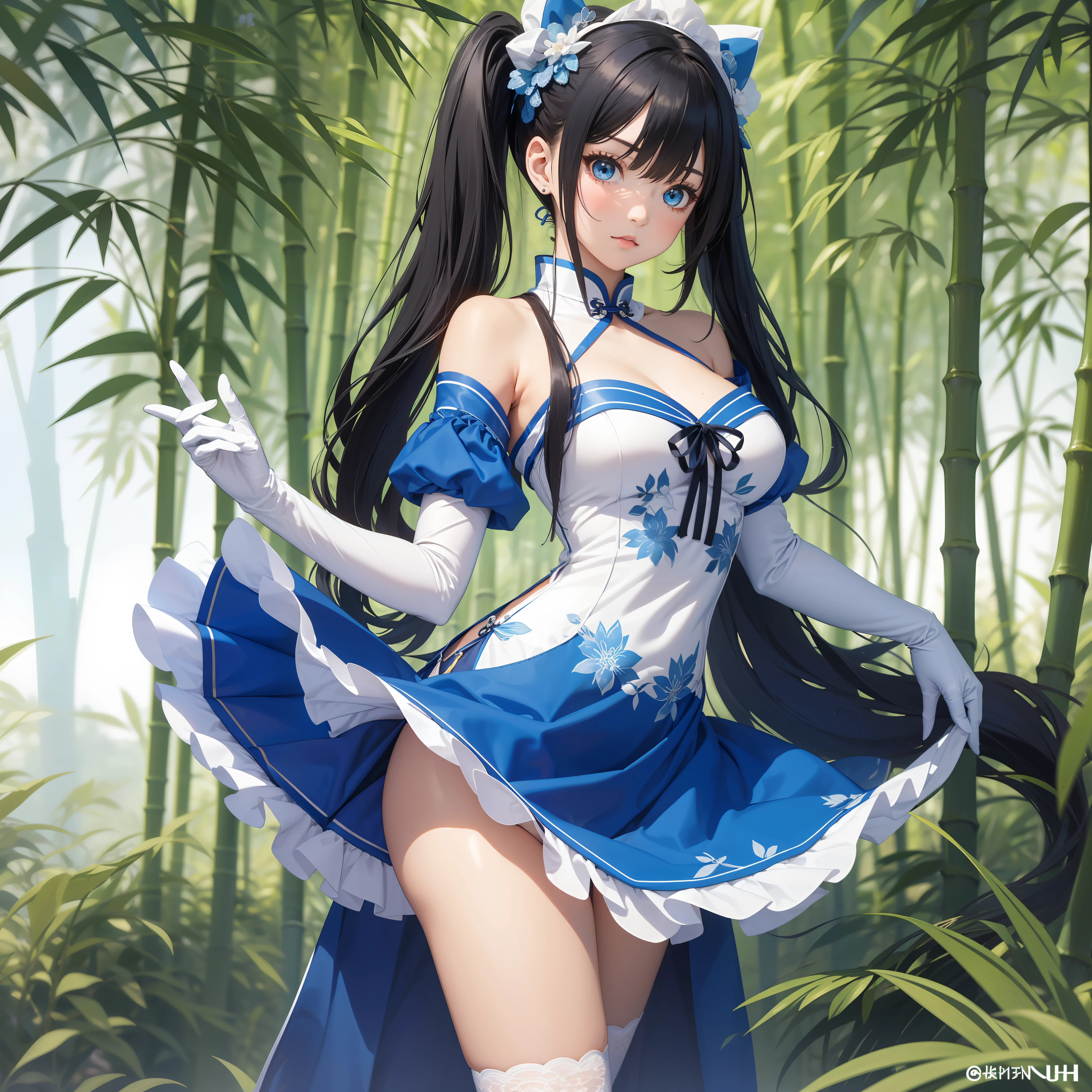 Girl with long thin hair in 2 pigtails and blue ties, anime girl with black hair, off shoulder, Using a white blue short cheongsam, blue stocking, dance style, in the bamboo tree, blue eyes, masterpiece, UHD, Big eyes, blue high heels, White gloves, Chinese outfit, White panties, kick