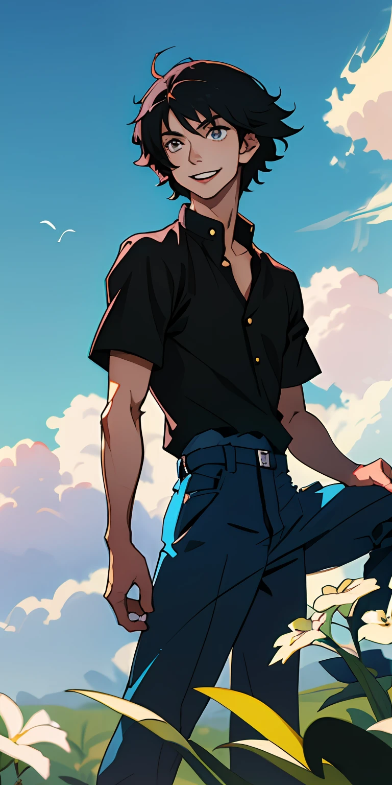 21-year-old white man with short black hair, camisa blanca y pantalon azul cielo, sonriendo al frente, estilo anime