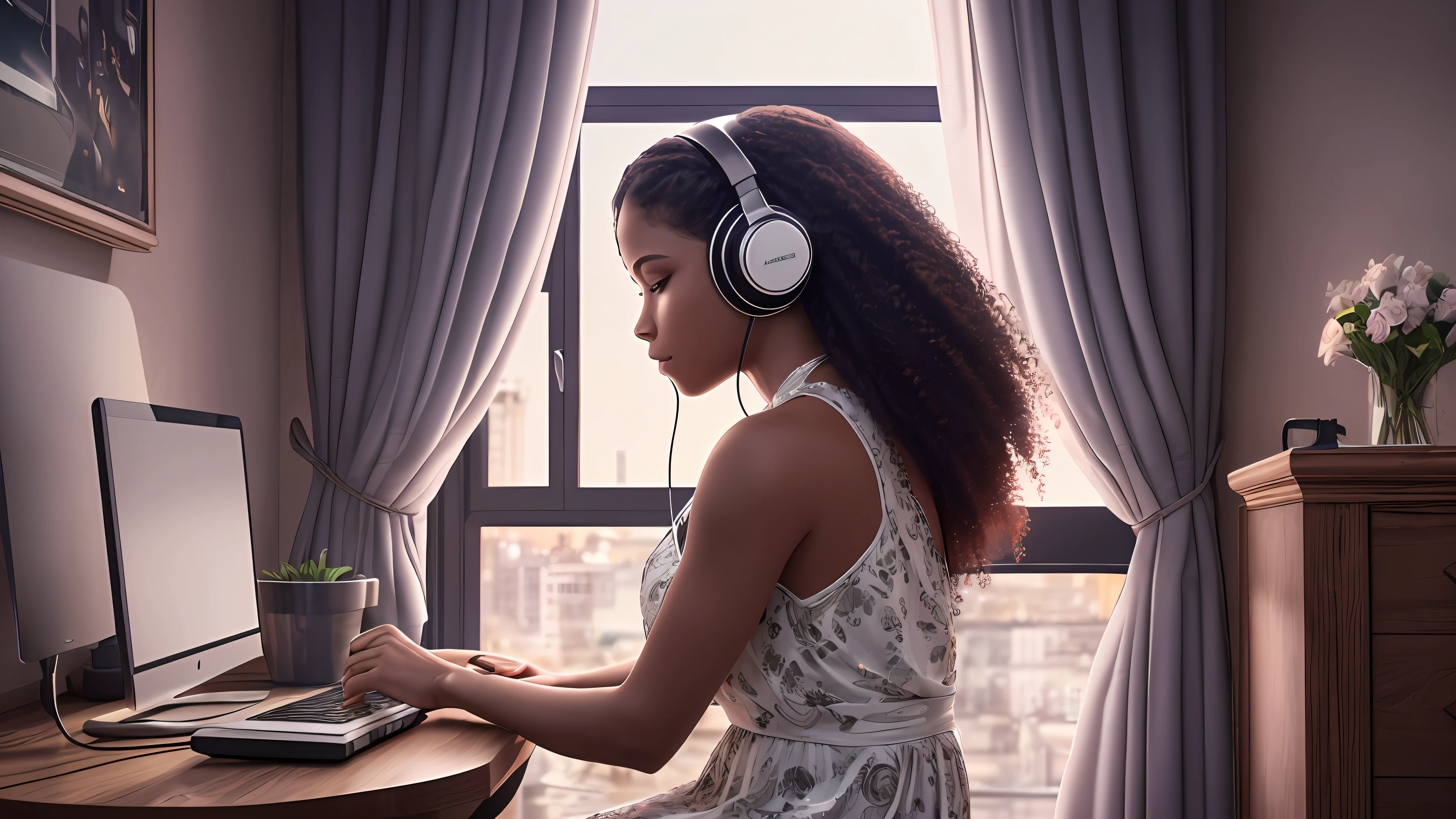 Portrait of a beautiful Brazilian girl, (silhouette), (dark skin: 1.3), ((full body))), ((back to back)), ((curly hair)), in her bedroom, ((sitting on a chair at a table with a computer)), ((looking at the computer)), (headphones), ((facing a large window)), (looking at the window in front of her), (wearing a dress ), realistic, high definition, ultra-hd texture skin and hair, (night), Ultra-HD, digital, cinematic lighting, panoramic perspective, extremely detailed, intricate, 8k, Ultra-HD, --auto --s2