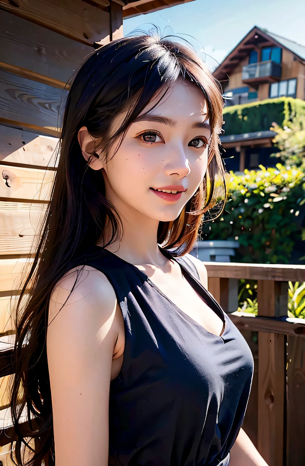 the best quality、A masterpice、photoRealstic、intricated details、Raw foto、Photon Rendering、Octane Rendering、absurdist、Ultra-detailded、detailed faces、Detailed skin、trend in ArtStation、8K masterpiece、lighting like a movie、( (1girls))、((独奏) ))、((Behold))、CG Social Trends、Plastic En、((Black Long Hair))、((a beautiful female))、(smile on face)、Dark blue dress、(White Skin Skin)、Fashionable、A sexy、hair flowing in wind、((Flowing hair))、(happy)、fashion magazine、((lighting like a movie))、mountain hut、Ecstatic、