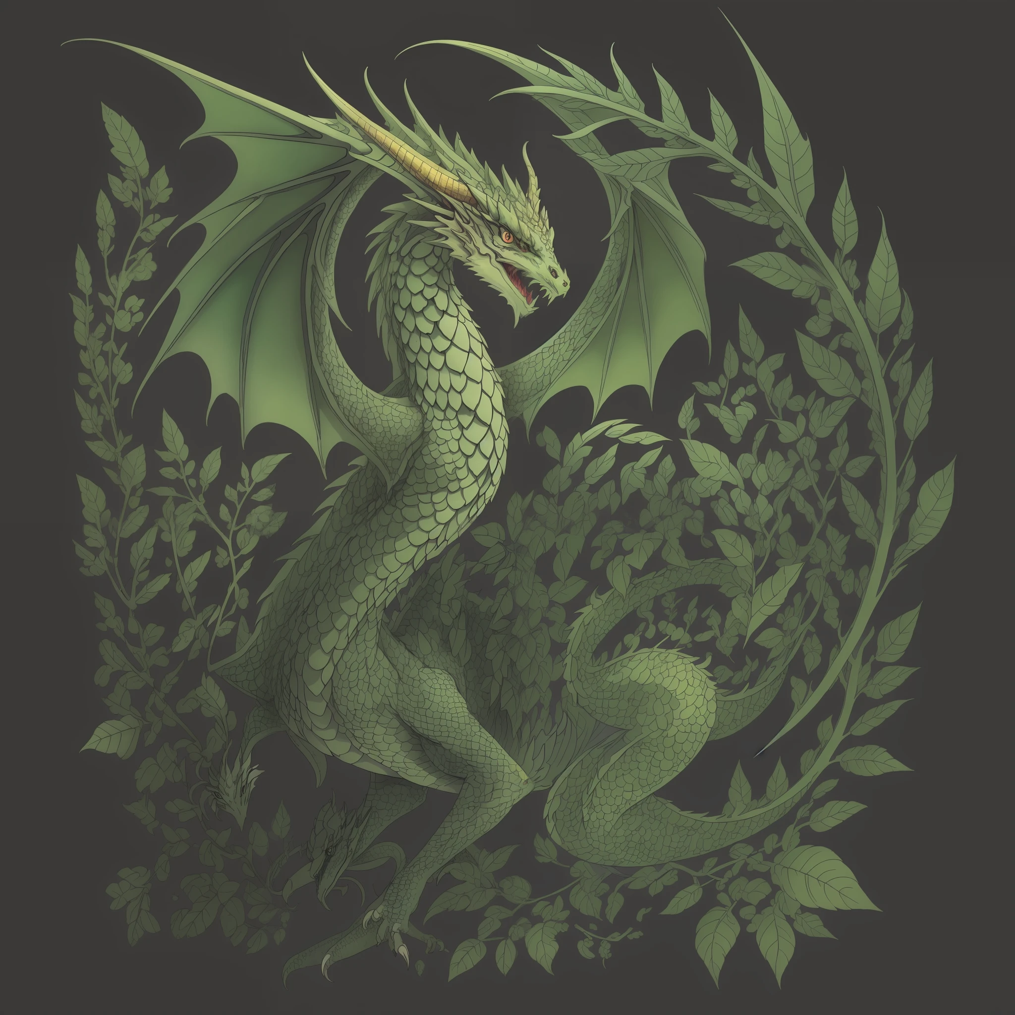 "An ultra-high picture quality, super delicate character design drawing of a full body dragon with a focus on its unique leaf-like design. The dragon is legendary and the image is extremely large, highlighting the stunning details of its leafy dragon body."