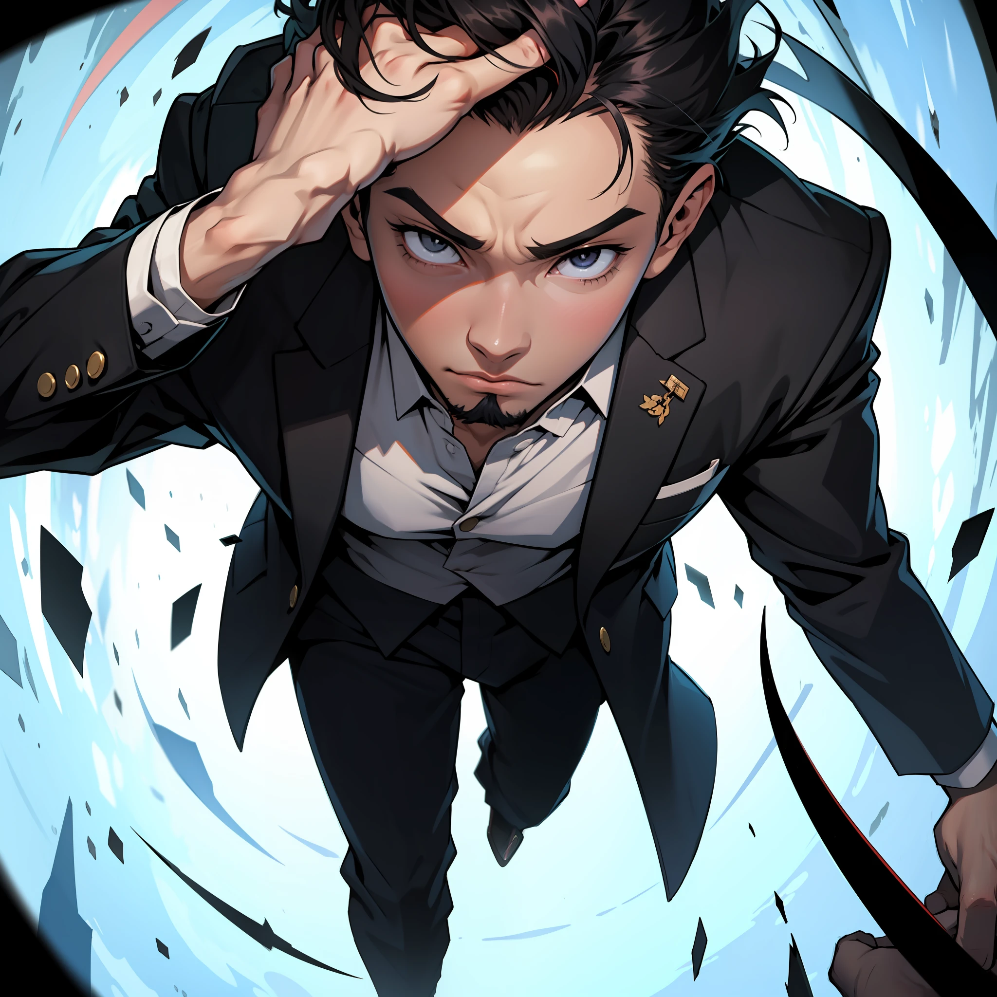 Asian boy wearing suit, killing one with a tap to the head,arte feito anime --auto