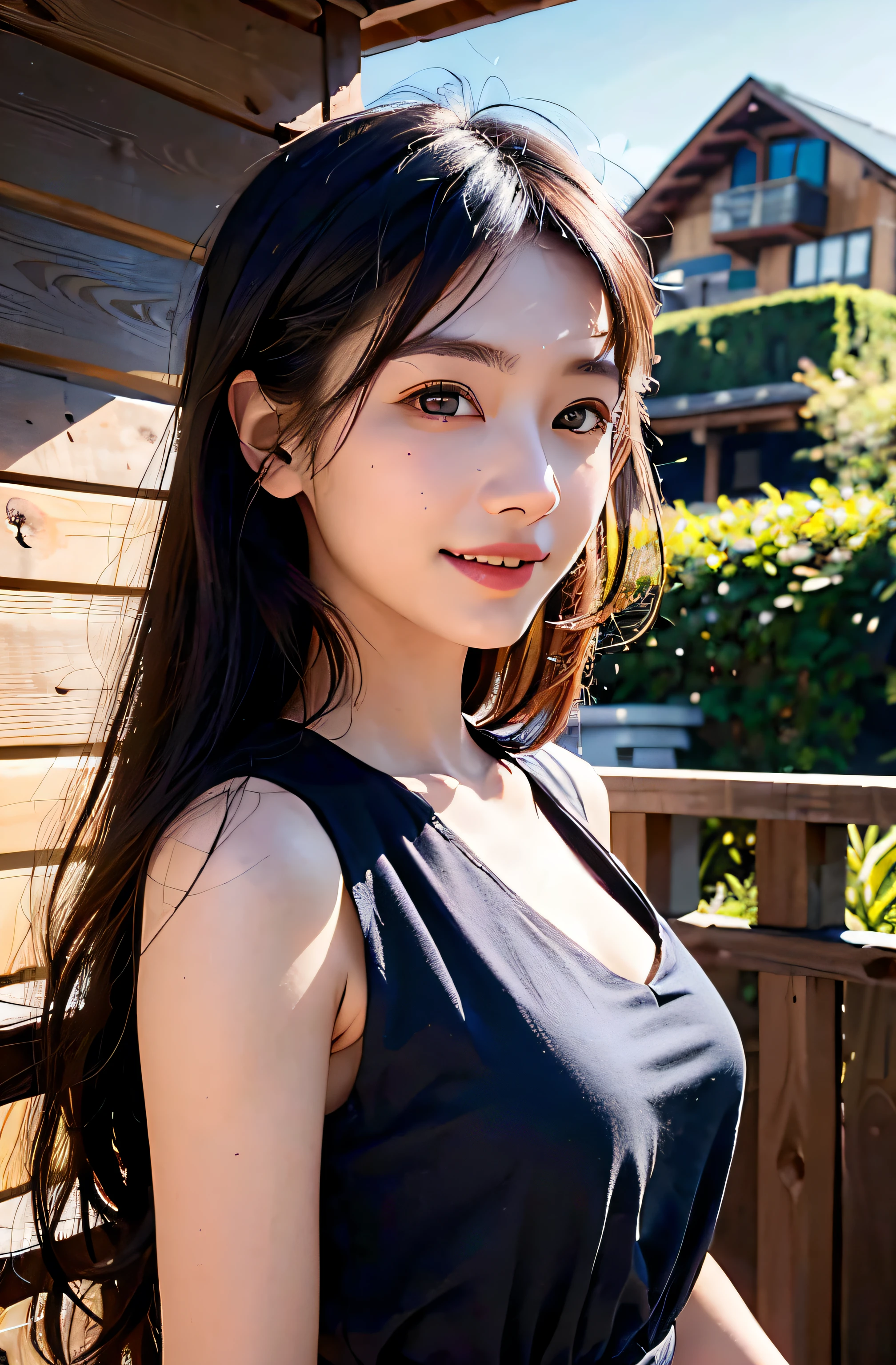 the best quality、A masterpice、photoRealstic、intricated details、Raw foto、Photon Rendering、Octane Rendering、absurdist、Ultra-detailded、detailed faces、Detailed skin、trend in ArtStation、8K masterpiece、lighting like a movie、( (1girls))、((独奏) ))、((Behold))、CG Social Trends、Plastic En、((Black Long Hair))、((a beautiful female))、(smile on face)、Dark blue dress、(White Skin Skin)、Fashionable、A sexy、hair flowing in wind、((Flowing hair))、(happy)、fashion magazine、((lighting like a movie))、mountain hut、Ecstatic、