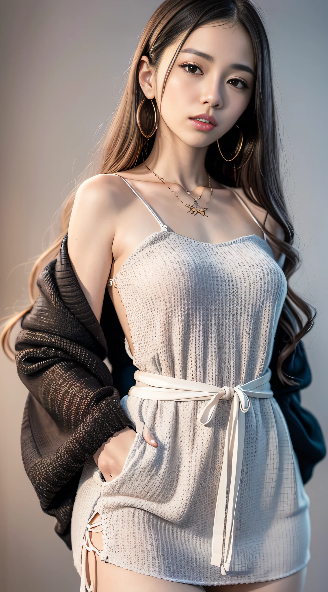 (巨作) On a light gray background,Presents a girl with a great temperament,Wear a delicate cotton A-line midi dress。Wide shoulder straps, sleeveless dress with a light crewneck,The waist is trimmed with delicate lace,The chest is also adorned with handmade beads。Long hair is realistically colored,Perfectly combined with clothes,Create the best results。Suitable for everyday wear and dating occasions,Excellent image quality。((Show off clothes)),Star face,Internet red face,(Slender and tall),((The lens shoots the whole body)),(super model)