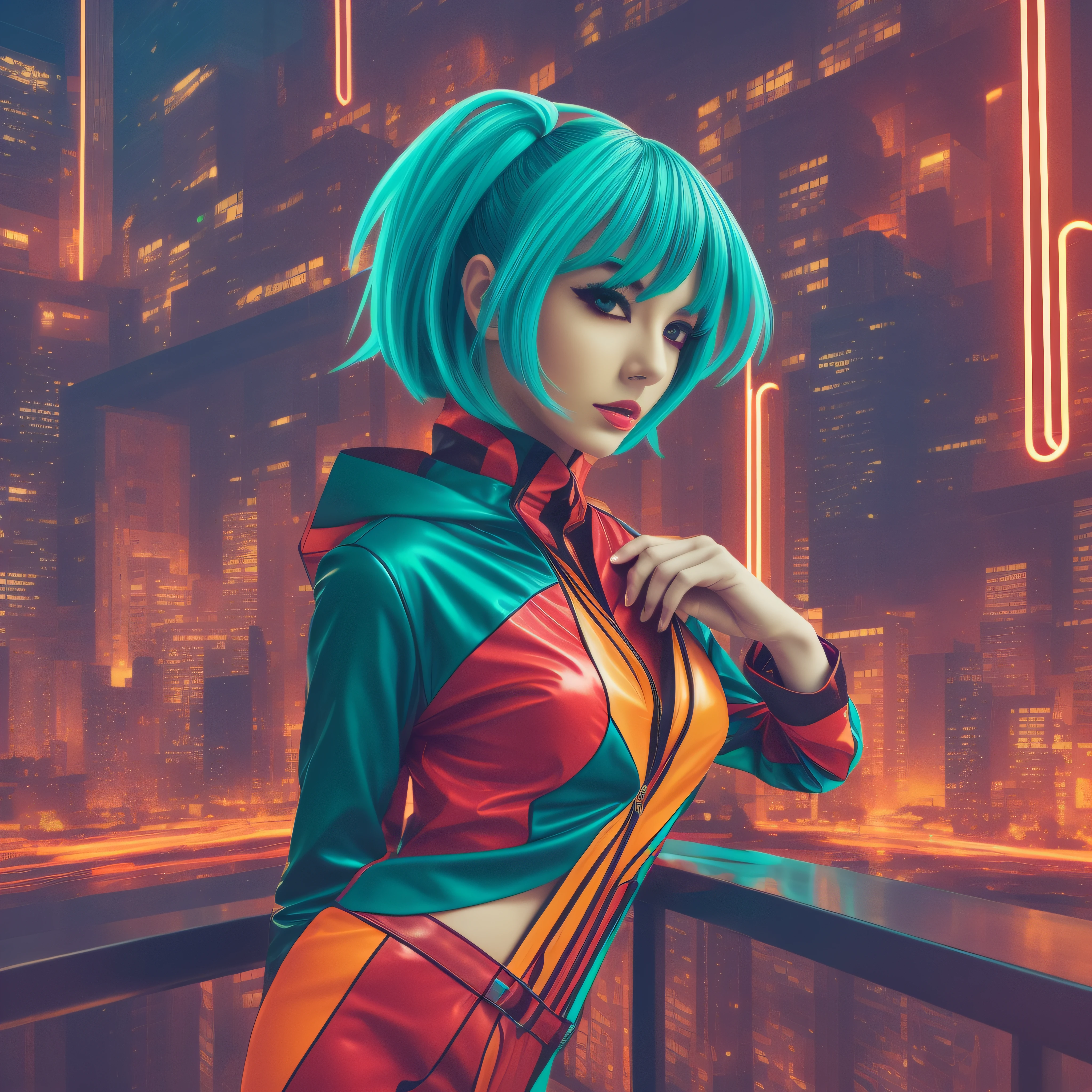 a harlequin in white neon clothing, is in a glass, facing the camera, in the style of futuristic shapes, bright teal and bright orange , leather/hide, grid-like structures, bold fashion photography, anime-inspired, shiny