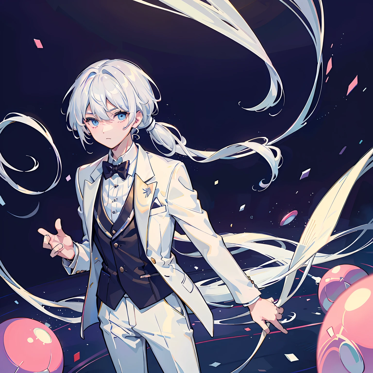 anime character with short hair and suspenders standing in front of a black background, anime vtuber full body model, Single character full body, silver eyes full body, full body single character, live2d virtual youtuber model, magical school student uniform, visual novel sprite, official character art, professor clothes, Anime boy with blue eyes --auto