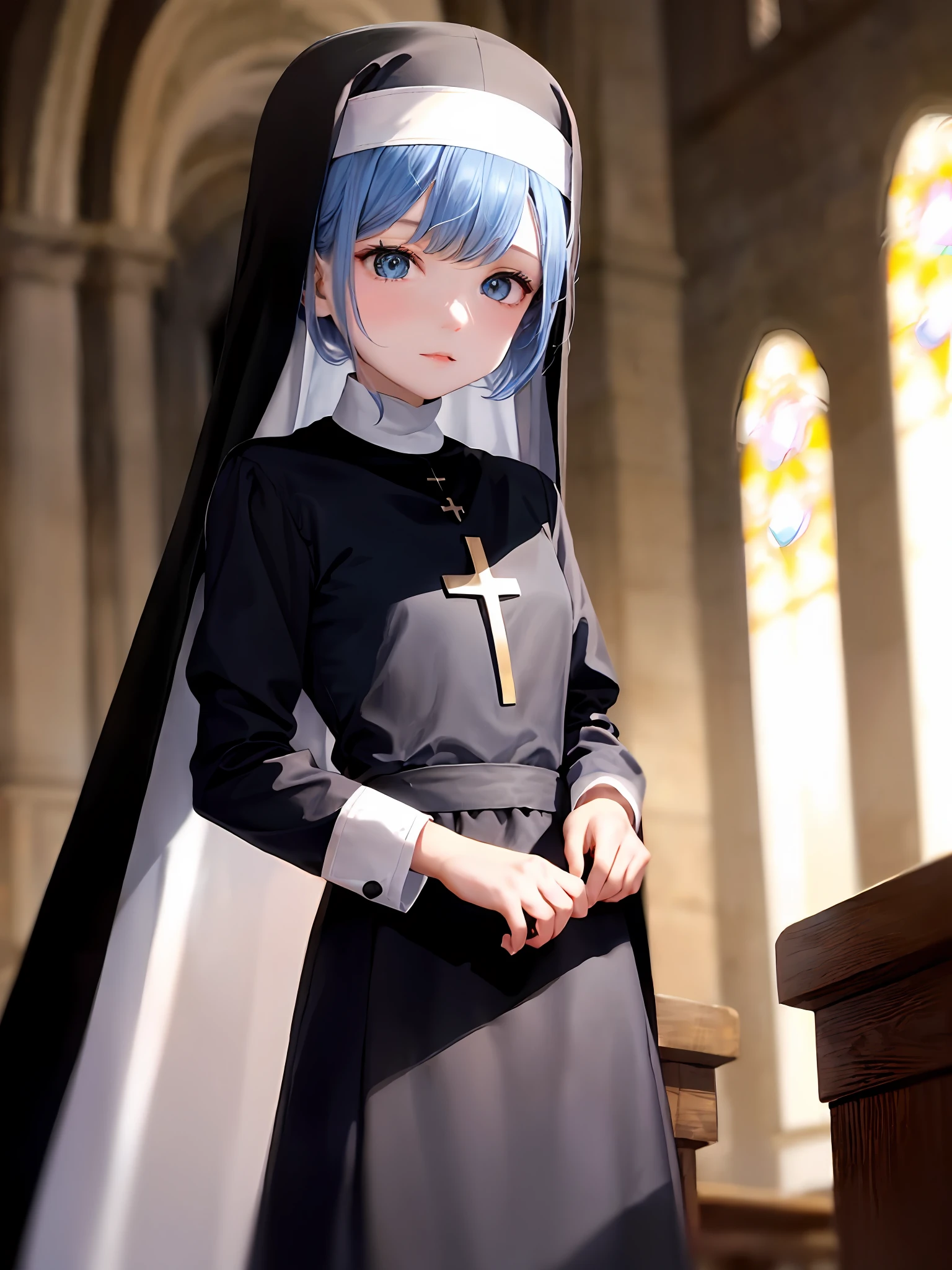 1girls, Single person，loli， (巨作:1.1), (Best quality:1.1),  break [Blue:pink:0.5] Theme, Cowboy shot,Cinematic light， Haut du corps，Positive perspective，Blue hair，length hair，exquisite facial features，The Perfect Hand，Blue eyes, (Nun dress:1.2)，to stand，DOA，Church background，inside room，