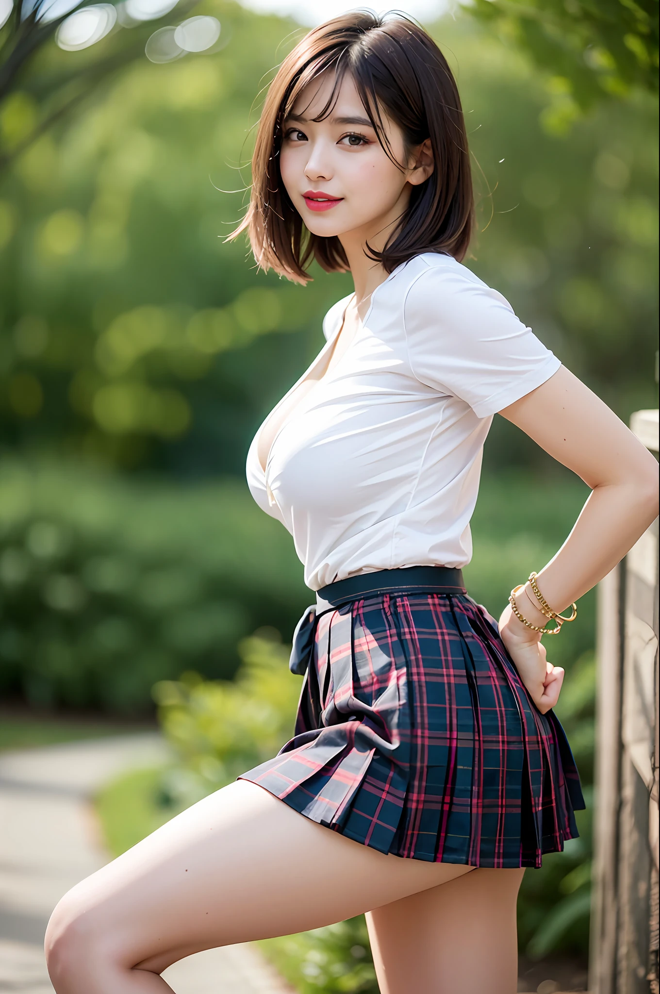 nsfw, 8K raw photo, Best quality, masterpiece, ultra high res, film grain, filmg, 1girl, looking at viewer, natural skin texture, realistic eye and face details, full lips, lipstick, (makeup), red eyeshadow, fluffy short hair, messy hair, smile, close mouth, beautiful legs, tall female, skinny, slim_legs, solo, enormous breast, cleavage, Pose with buttocks facing you, ultra short skirt, ass, shirt, beautiful nature location, around flower location, (detailed background), plaid skirt, white shirt, enormous breast, cleavage, Show a little cleavage through the shirt, loafers, blurry background, blurry, holding, plaid, short sleeves, jk ribbon on the neck, jk ribbon, brown hair, bracelet, water, bangs, school uniform, jewelry, parted lips, lips, from side, pleated skirt, depth of field