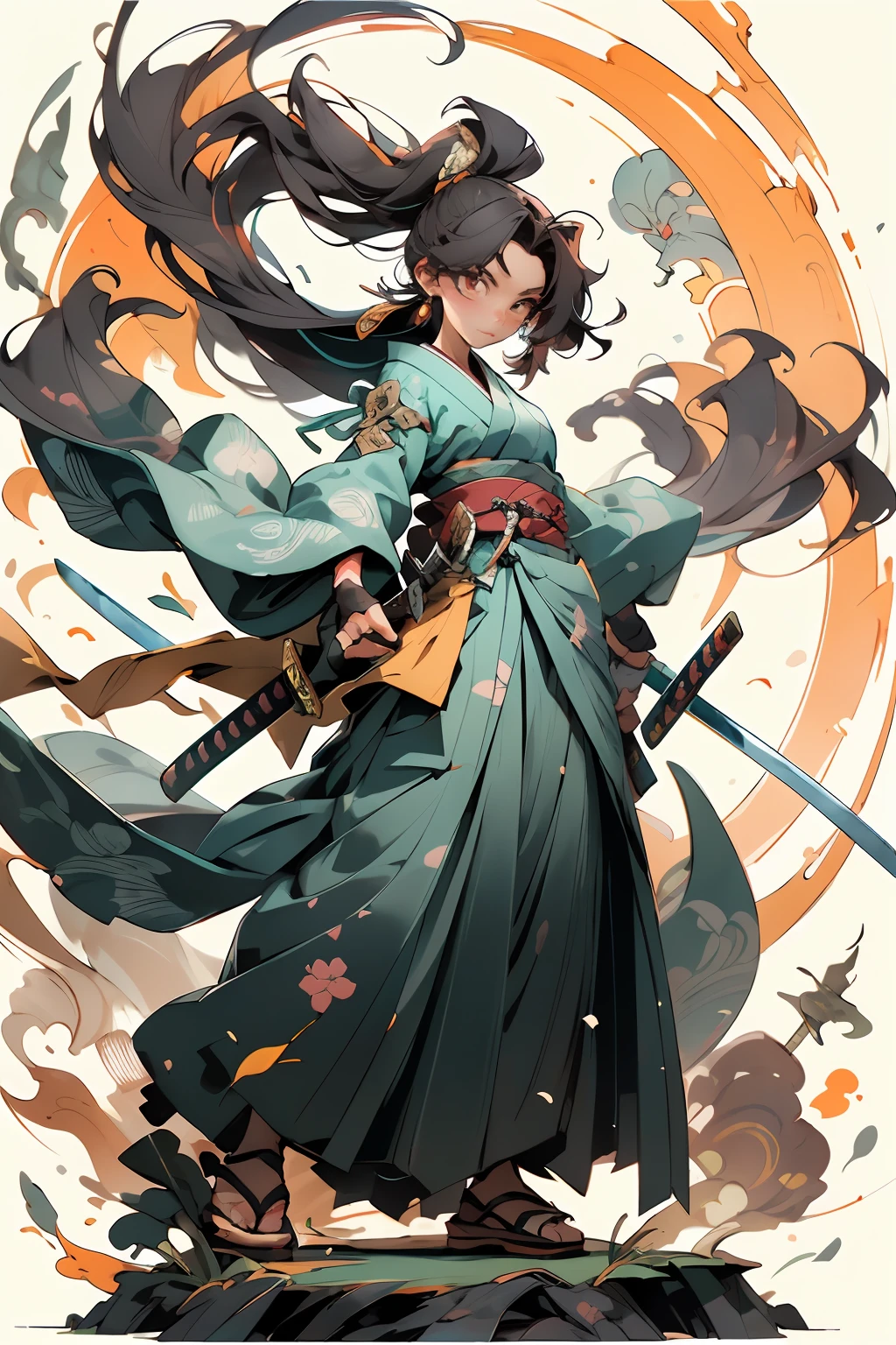 weapons, a 1girl, Long Hair,male focus, sword, 独奏, japanese clothes, holding, holding weapon, katana, holding sword, sheath, , , long sleeves, , haori, , hakama, kimono, sheathed,full - body,
,,