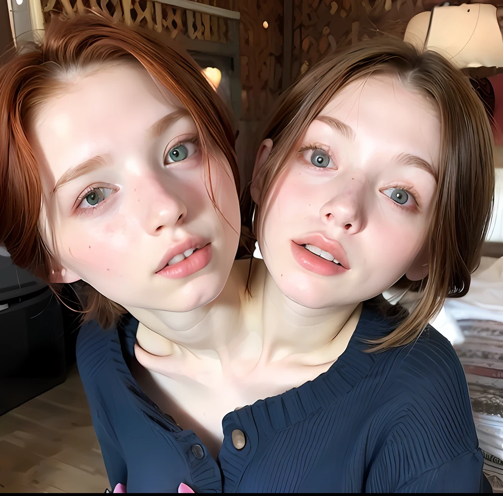 2heads, two headed girl, mom and daughter, (one torso:1.5), pale skin, Scottish redhead, teenager, white girls, different ages, (two heads on one body:1.4), (first head uncomfortable:1.5), (second head unhappy:1.5) conjoined twins, one torso, young, uncomfortable, barefoot