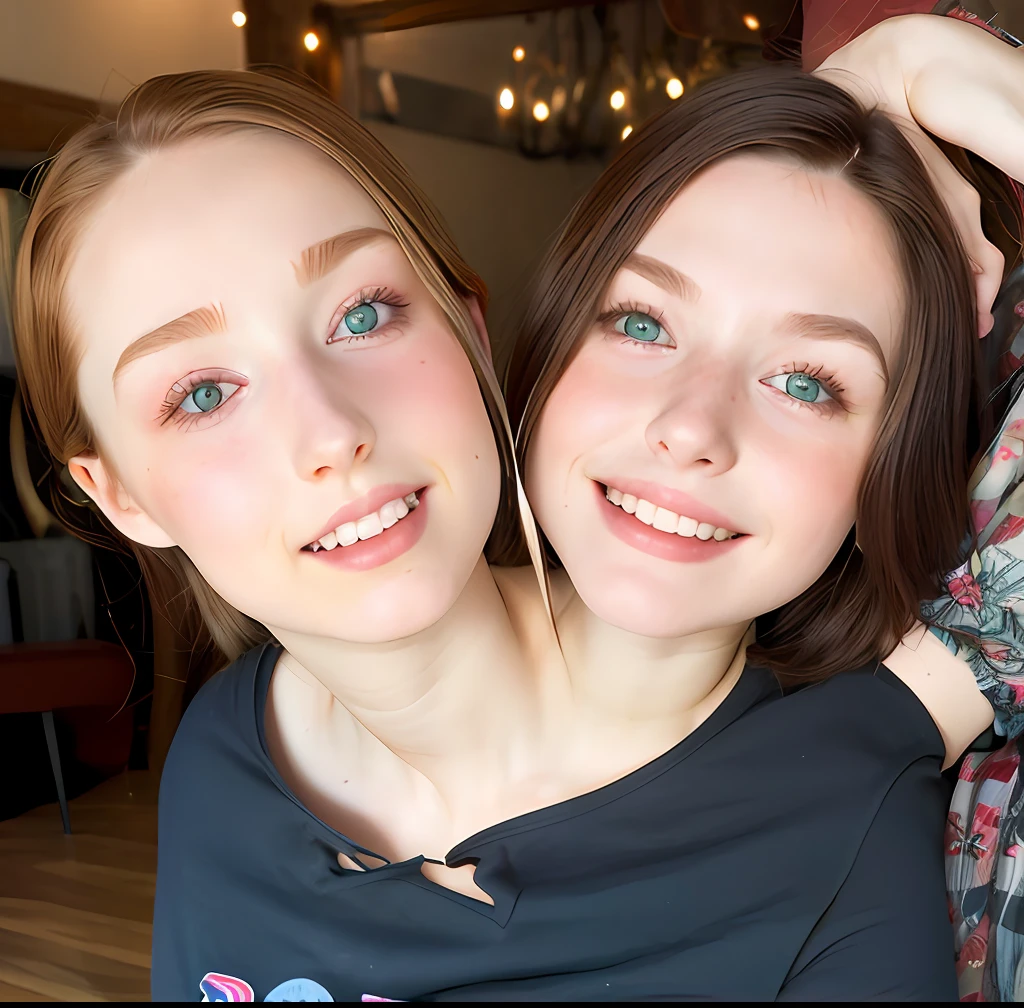 2heads, two headed girl, mom and daughter, (one torso:1.5), pale skin, Scottish redhead, teenager, white girls, different ages, (two heads on one body:1.4), (first head uncomfortable:1.5), (second head unhappy:1.5) conjoined twins, one torso, young, uncomfortable, barefoot