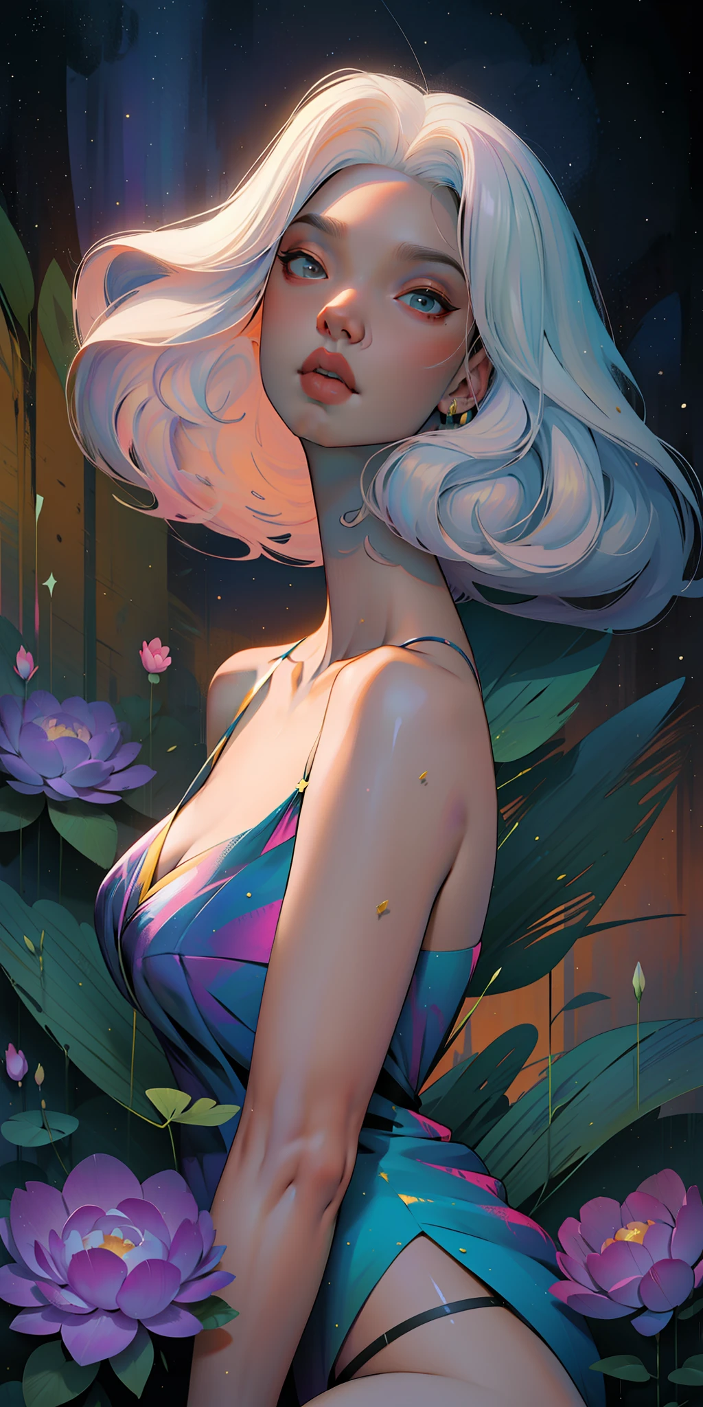 peony/lotus/cornflower/wheat/mallow/ chamomile/poppy/Wildflowers,professional,abstract beauty,approaching perfection,Dynamic,Highly detailed,digitally painted,Artstation,Concept art,Smooth,sharp-focus,an illustration,Artists: by Carne Griffiths, Wadim Kashin,leonid afremov,kandinsky,Psychedelic,watercolour,crystals foil,stylish,fantastic,gold,colorful neon, s face, waist-high, portrait of a, up close, near, close up, queen, a goddess, A glorious sunrise, aura, glow, multi-colored bright aurora borealis, Spectrum Rainbow,Colored feathers, In a chic, lavender white mint hair, pastel, mixed-language_SMS, (beautiful and clear background:1.2),, fantastic paintings , olhos altamente detalhados, crystals, outer space, galaxy, Gorgeous hair, Background Flora Peony, poppy, hydrangea, Plants. Loving. Love. ultra detail hair, Best Quality, high qulity, high resolucion, detail enhancement, ((most beautiful image in the world)), Masterpiece, Best Quality, High Quality Detail Enhancement, ((most beautiful image ), Shiny hair, Ultra chic lace panties, Stampa Flores, art by stjepan sejic, art by j scott campbell, art by guillem march, art by citemer liu, 4k, high resolucion, comic book character, comic, high quality detailed, style of ::2.0 comix illustration style,tatoon style, high qulity, high resolucion, detail enhancement, 8K, HD, Best Quality, high qulity, high resolucion, detail enhancement, 8K, HDR, sharp-focus, Ultra Detailed, perfect lighting, Curvy Body, Lush big breasts, Curvy big hips, Beach, The sea, waves, sparks, Stars, The Cycle of the Stars