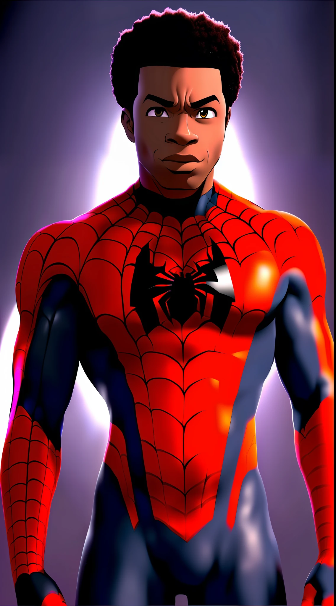 Melhor qualidade, obra-prima, alta resolução, 1 macho, negro miles morales, homem-aranha, cabelo encaracolado, efeito Tindal, realismo do ismo, studio dark, luz de borda, luz de dois tons, (pele de alto detalhe: 1.2), 16k Full Jd, DSLR, luz suave, alta qualidade, volumetric light, foto, high resolution 4K, 8K, fundo claro,