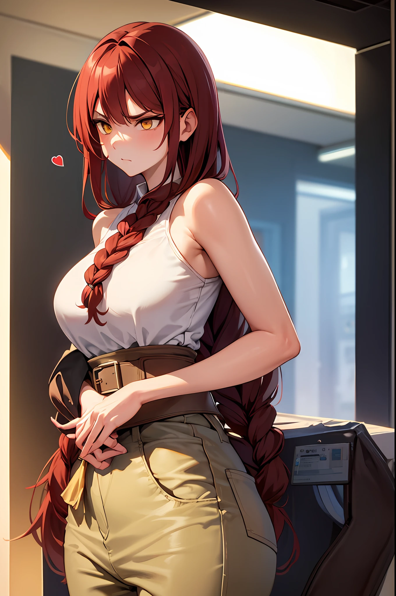 masterpiece, best quality, 1girl, long hair, big bust, very long red hair, jeans, brown pants, cowboy clothes, outer, sexy, sensual, nlanca and brown clothes, yellow eyes, serious, emotionless, adult woman, braids, seductress, hands on waist,