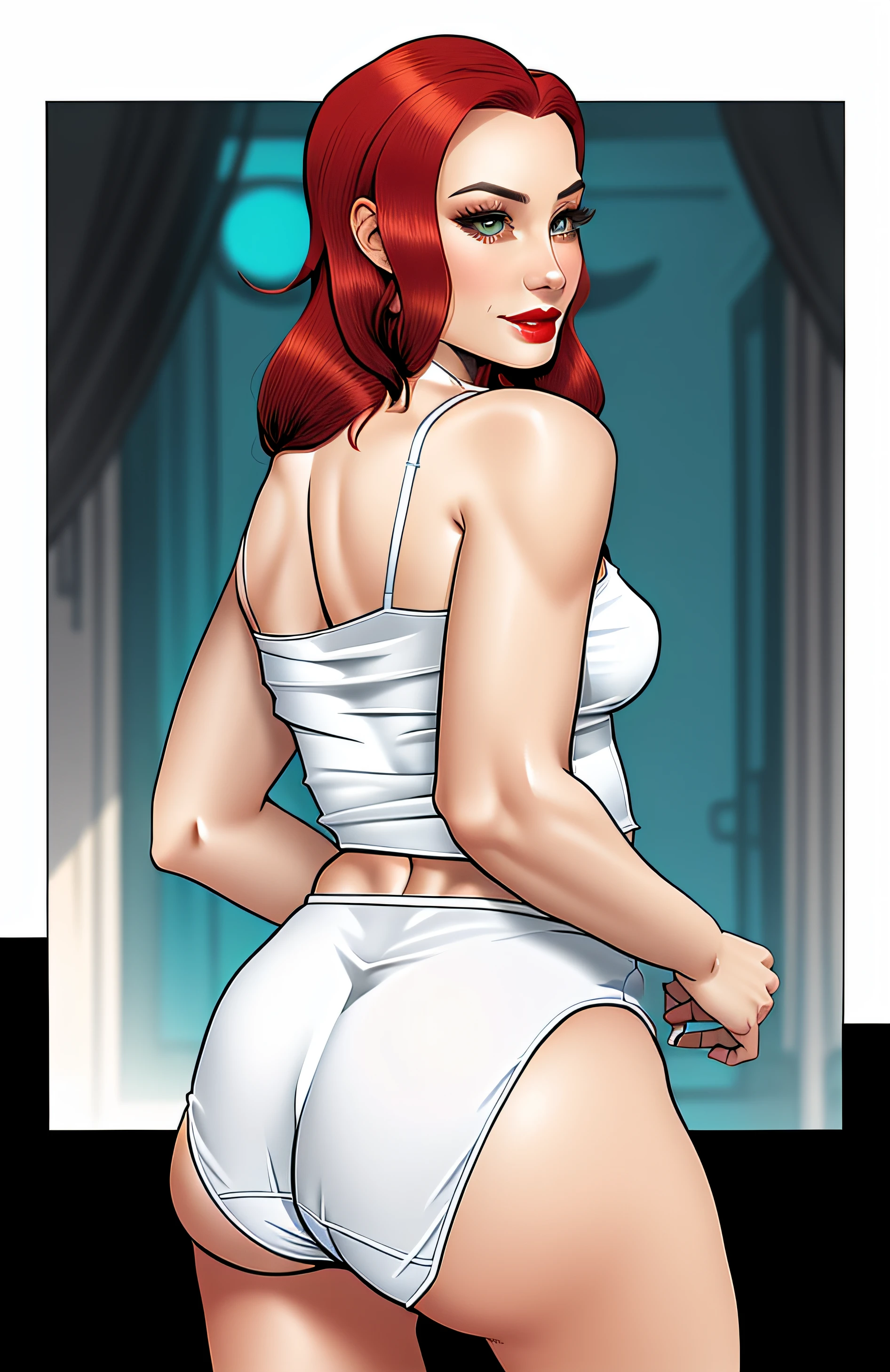 Red haired Latina, in white camisole, and big white cotton panties, big butt, back shot, wearing lipstick, smirking, comic book art style, intricate details