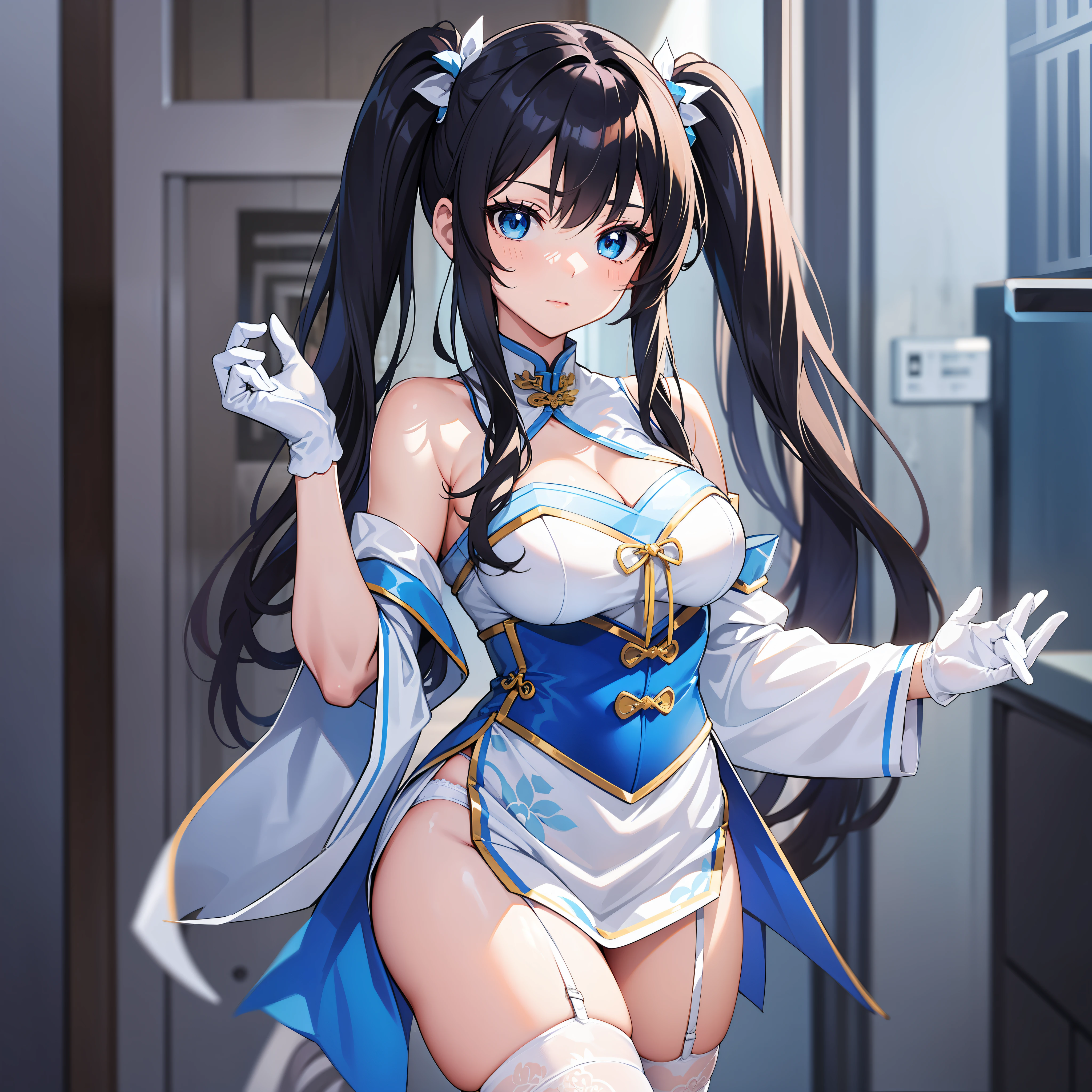 Anime Girl with long thin hair in 2 pigtails and blue ties, anime girl with black hair, off shoulder, Using a white blue short cheongsam, blue stocking, dance style, in the Chinese building, blue eyes, masterpiece, UHD, Big eyes, blue high heels, White gloves, Chinese outfit, White panties, kick