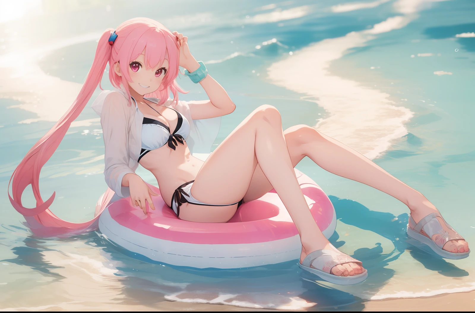 ((Top image quality))Sitting on a float in a white bikini,Pink hair, Good Smile、anime stile, ( highly detailed figure ),