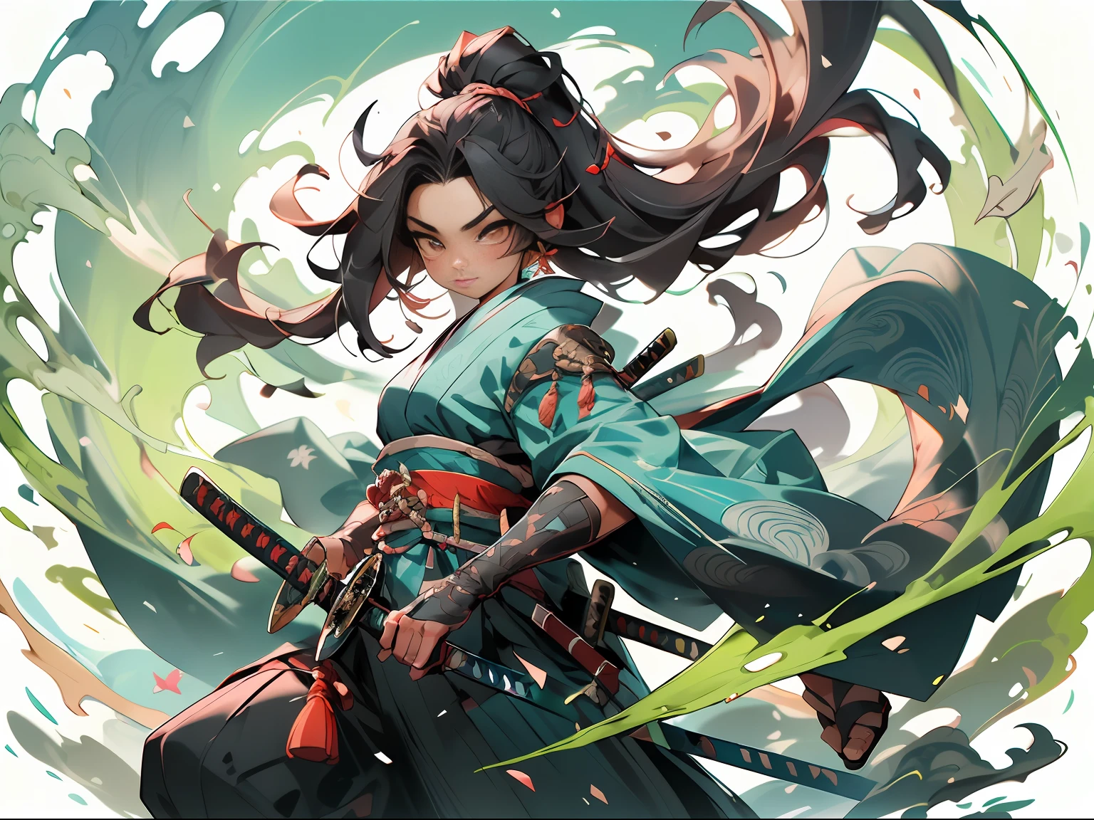 weapons, a 1girl, Long Hair,male focus, sword, 独奏, japanese clothes, holding, holding weapon, katana, holding sword, sheath, , , long sleeves, , haori, , hakama, kimono, sheathed,full - body,
,,