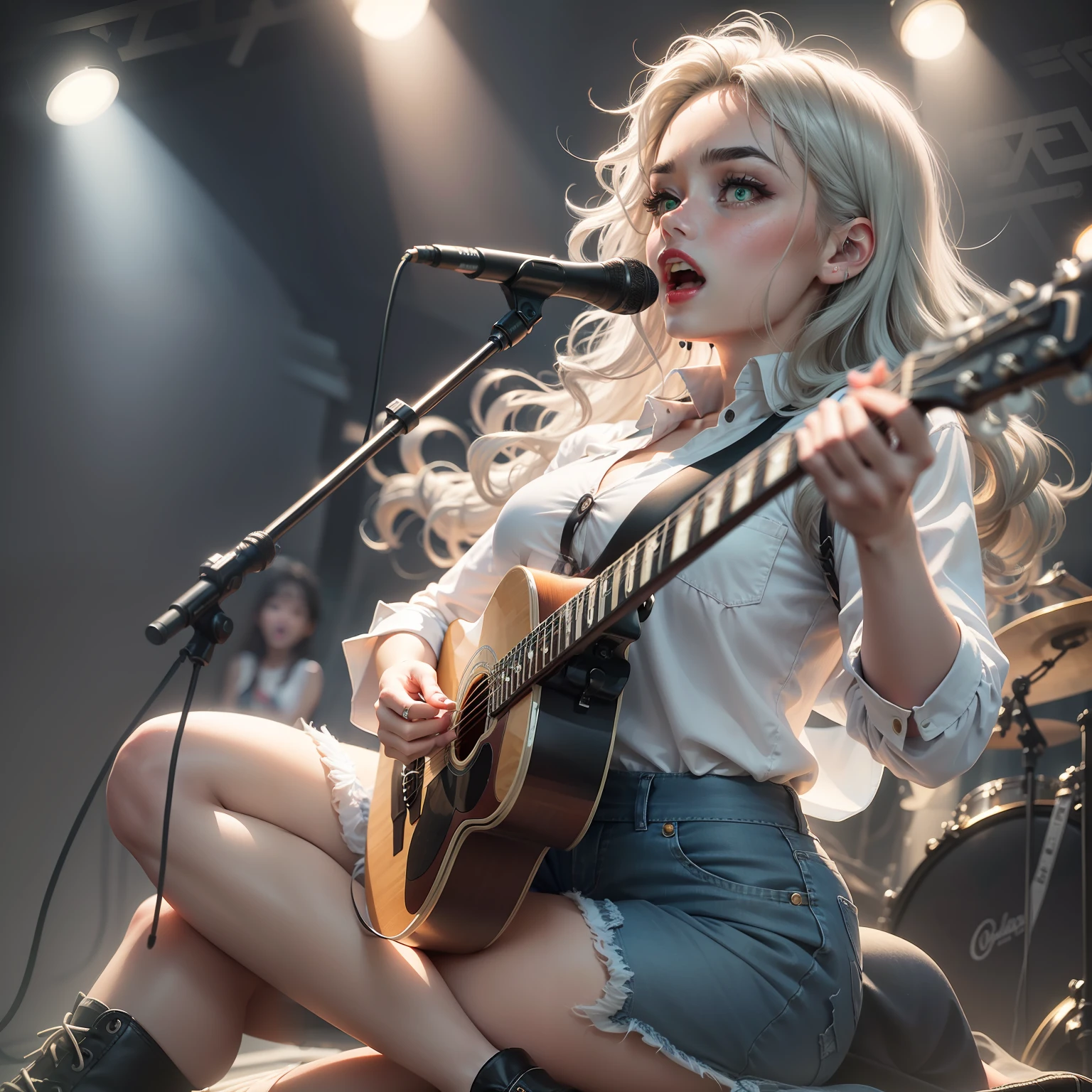 wavy silver hair Thick black eyebrows Round eyes green, Thick red lips Round face, elegant and handsome, neck net, white shirt blue denim short skirt Full body image of a 20-year-old girl wearing black shoes and singing with a guitar. Resolution 300 pixels. The sharpness of the image is good. Light and dark colors well. A natural image.