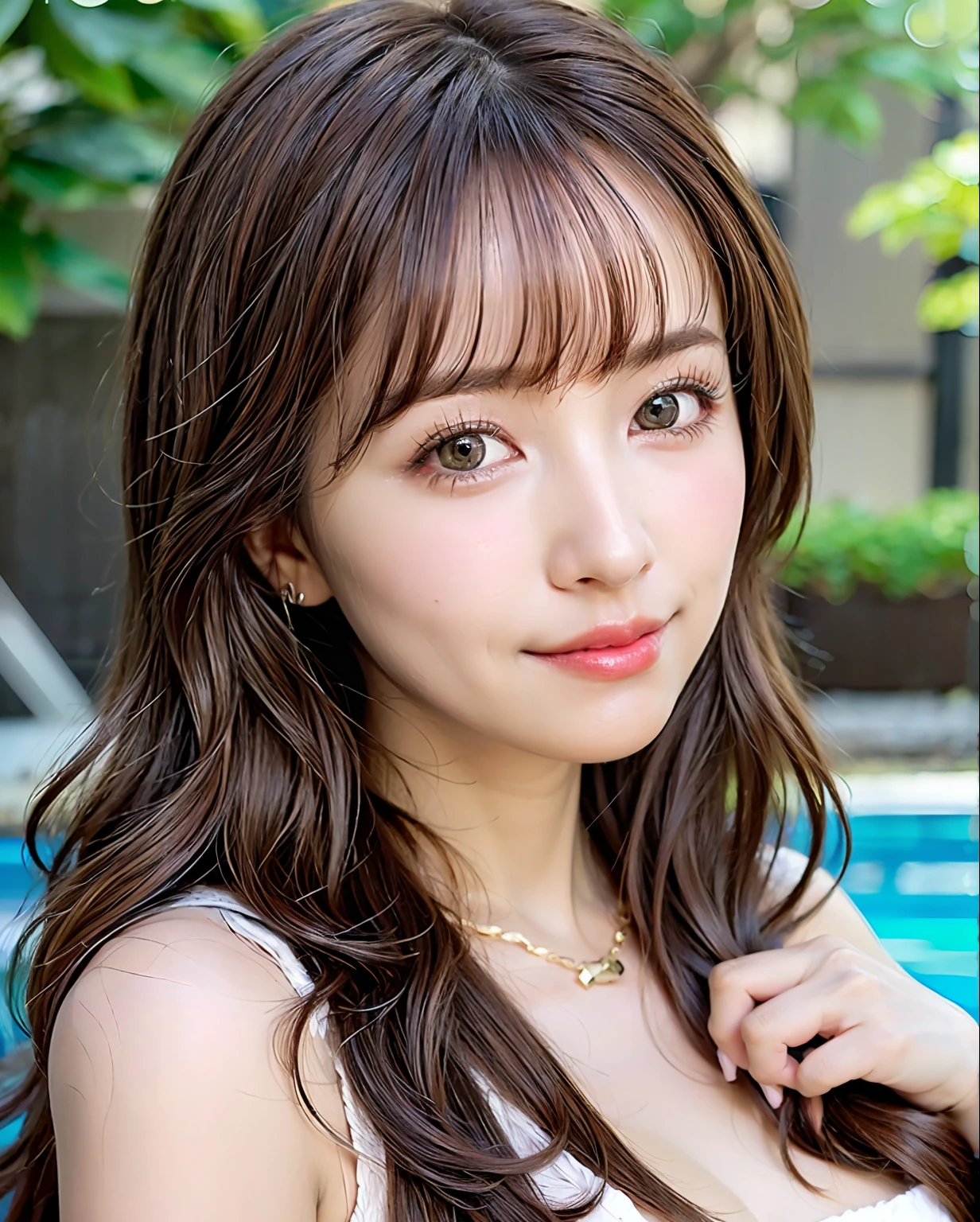 pureerosface_v1, best quality, photorealistic, 8k, high res, 1girl, woman, (skindentation), (portrait:0.6), gorgeous, dynamicpose, ((poolsidebackground:1.6)), coconut tree, ((mediumsize roundbreast, white highnecksweater:1.4)), straight-looking at viewer:1.8, (1girl eyes looking at viewer, medium-length hair, brownhair, partedbangs:1.65), (bokeh), smile:1.2, (closed mouth:1.16),