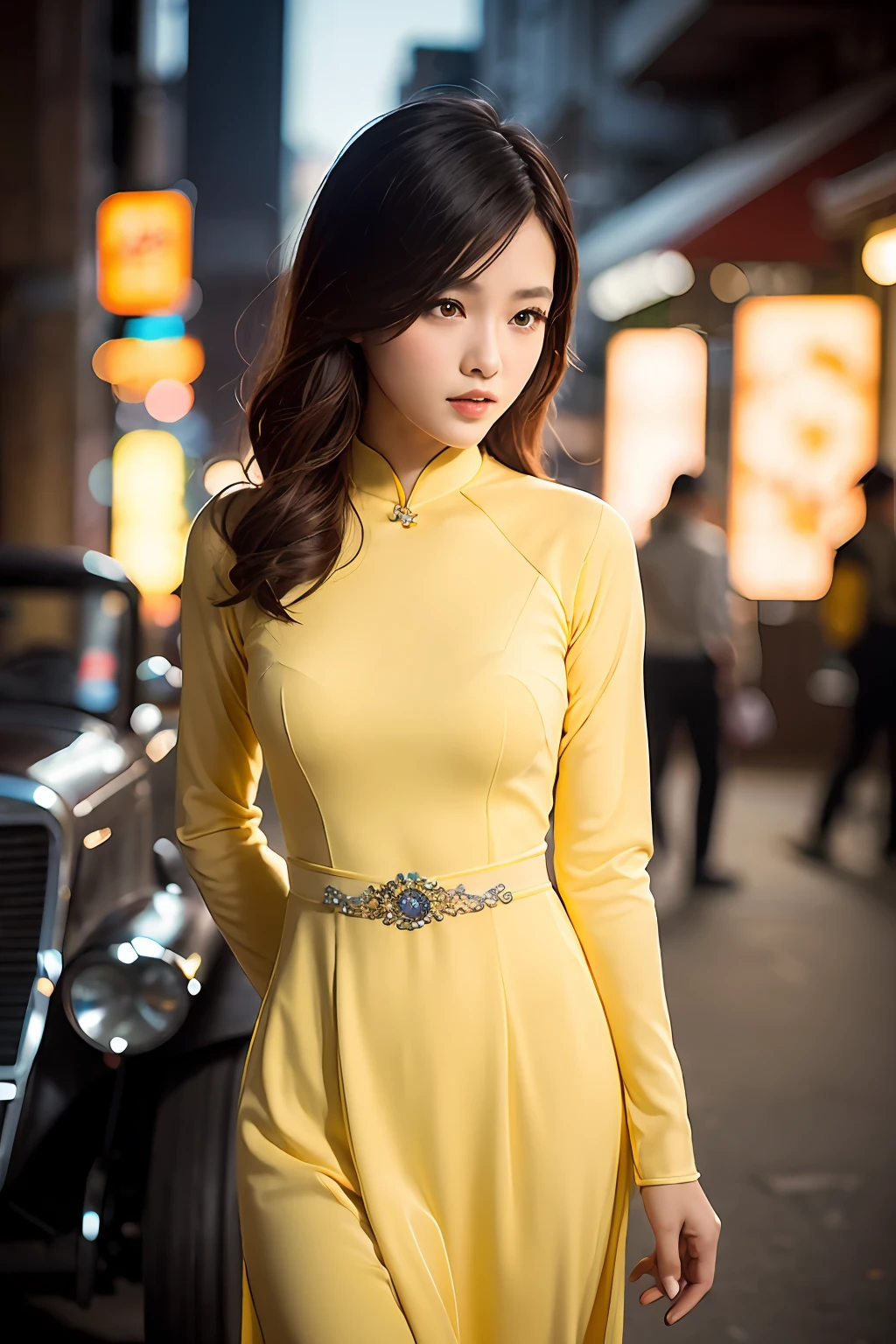 a beautiful girl in vintage yellow colors aodai tradition viet nam, city nigth, masterpiece, best quality, realistic:1.3, street, cyberpunk, sunlight, backlighting, artstation, intricate details, vignette, city night, antique car, Hoi An