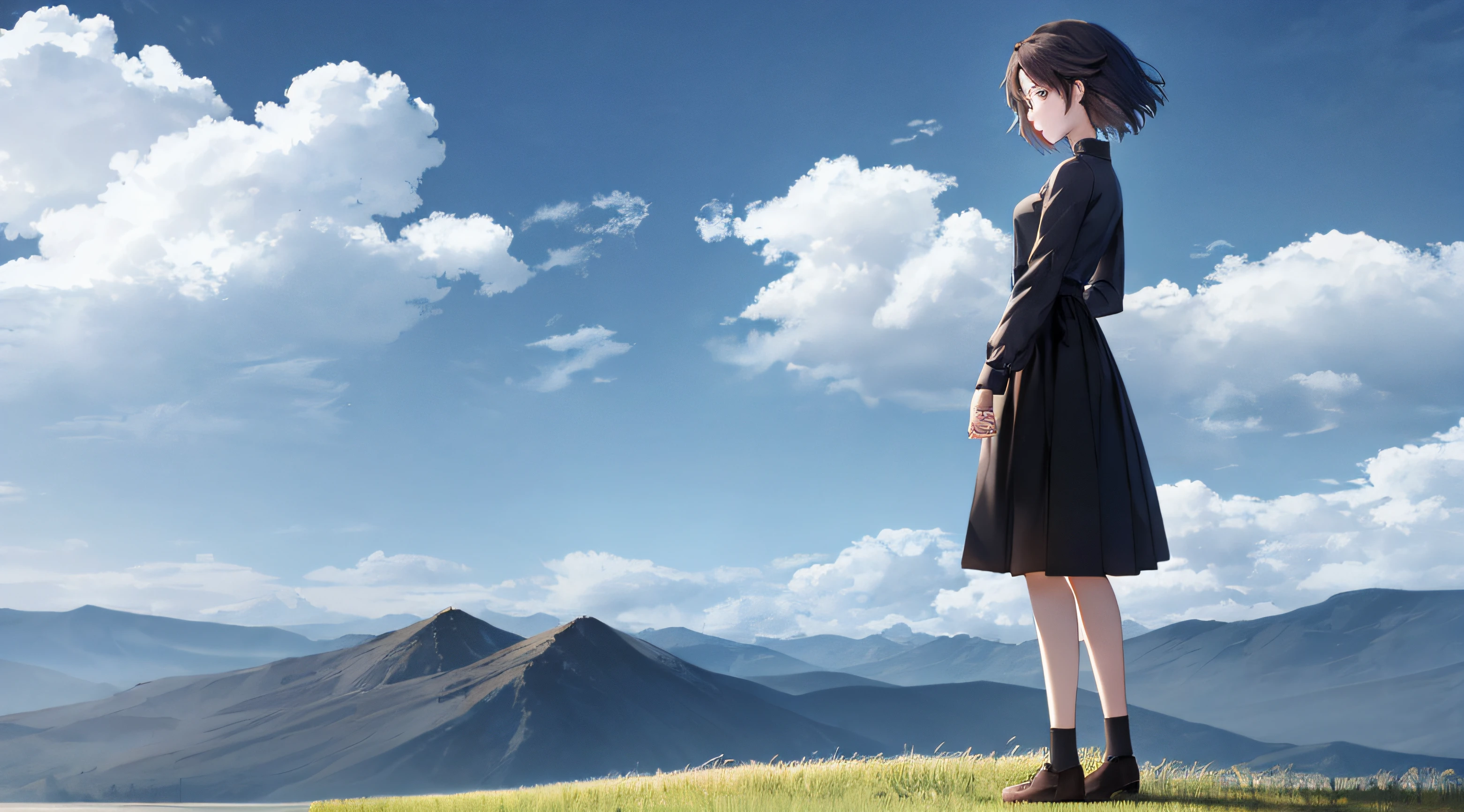 Very detailed and precise illustrations、Rear view of a very beautiful 25 year old woman、I can't see my face、独奏、Standing without cutting your head、Slightly low angle、Perfect beautiful fingertips、Standing on a hill with legs spread wide and looking at the clouds in the distance、Brown berry shorthair、Perfect round gray eyes、Small breasts、Both hands are lowered、独奏、Dark grey long-sleeved shirt、Wearing a long dark brown skirt。Wearing dark brown shoes、Very bad weather、Black sky、windy、Fantastic mountain background、Makoto Shinkai CG Art。