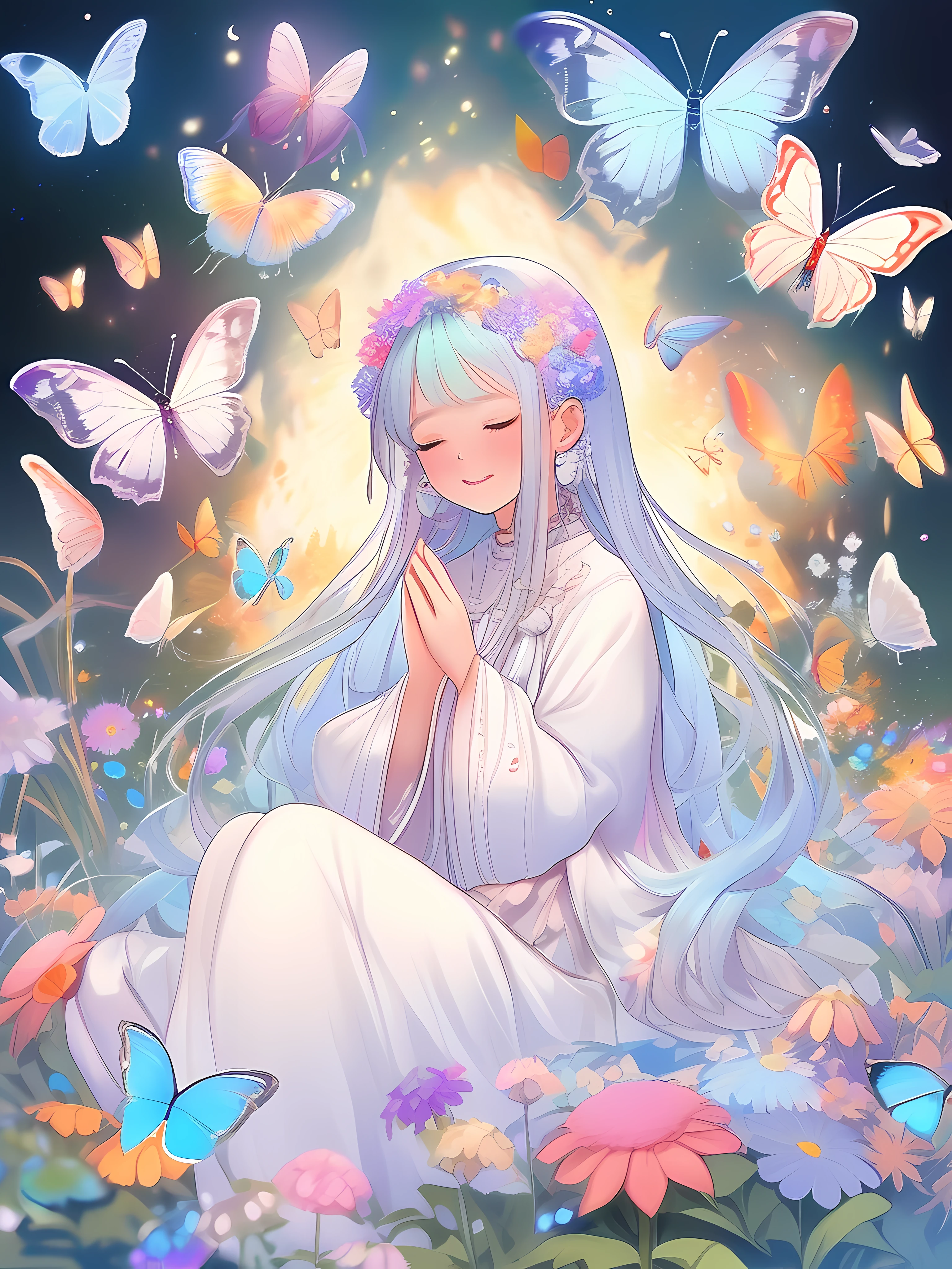 Dreamy，(caihong holographic)，Multi-color，In the garden，Colorful flowers，Lovely maiden sitting on the ground，exquisite facial features，Gorgeous hair accessories，Hands on cheeks，Meditation，to meditate，Shy，Colorful、(a sparkle)of butterflies，Complex and detailed background，nmasterpiece，Best quality，Dreamy , The lines are bold