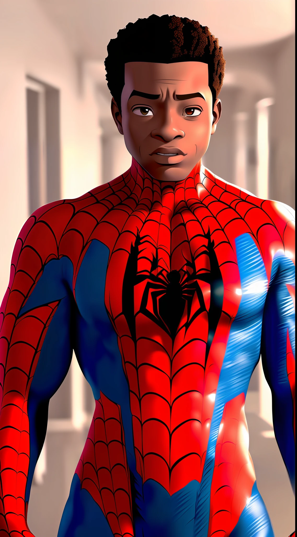 Melhor qualidade, obra-prima, alta resolução, 1 macho, jovem,(miles morales, homem-aranha), cabelo encaracolado, efeito Tindal, realismo do ismo, studio dark, luz de borda, luz de dois tons, (pele de alto detalhe: 1.2), 8K UHD, DSLR, luz suave, alta qualidade, volumetric light, foto, high resolution 4K, 8K, fundo claro,athletic,feliz