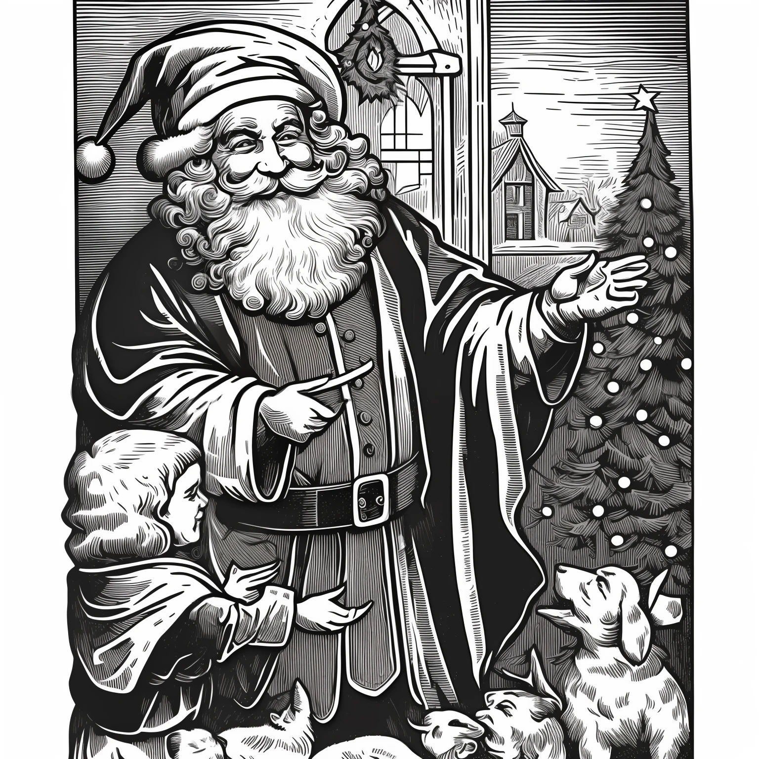 linocut! antique Victorian smiling santa claus in front of outdoor christmas scene, engraving! illustration! --no color!, --auto