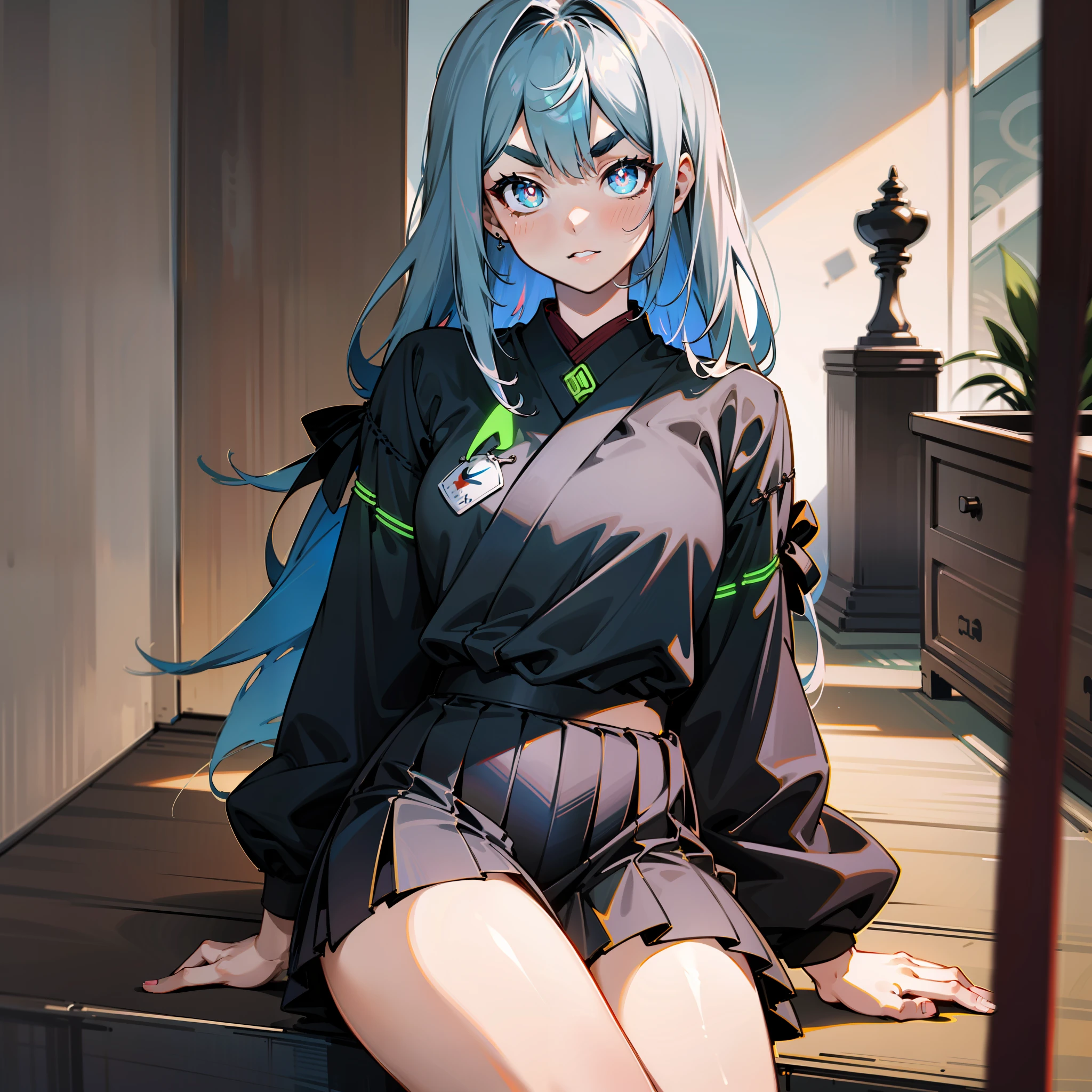 (((Exquisite))), Pastel style, Elegant casual wear, Black Japanese school uniform, Modern minimalist style, silk stockingsa, Neutral black and red color scheme, Handsome face, 18 years old, Girly face shape, length hair, ((Light silvery-blue hair with green fluorescence)), Nike shoes, Red-edged black, Black pleated skirt, Casual and modern design, Close-up of portraits, Modern style.((Ruby color matching pupils))，((Elongated eyebrows))