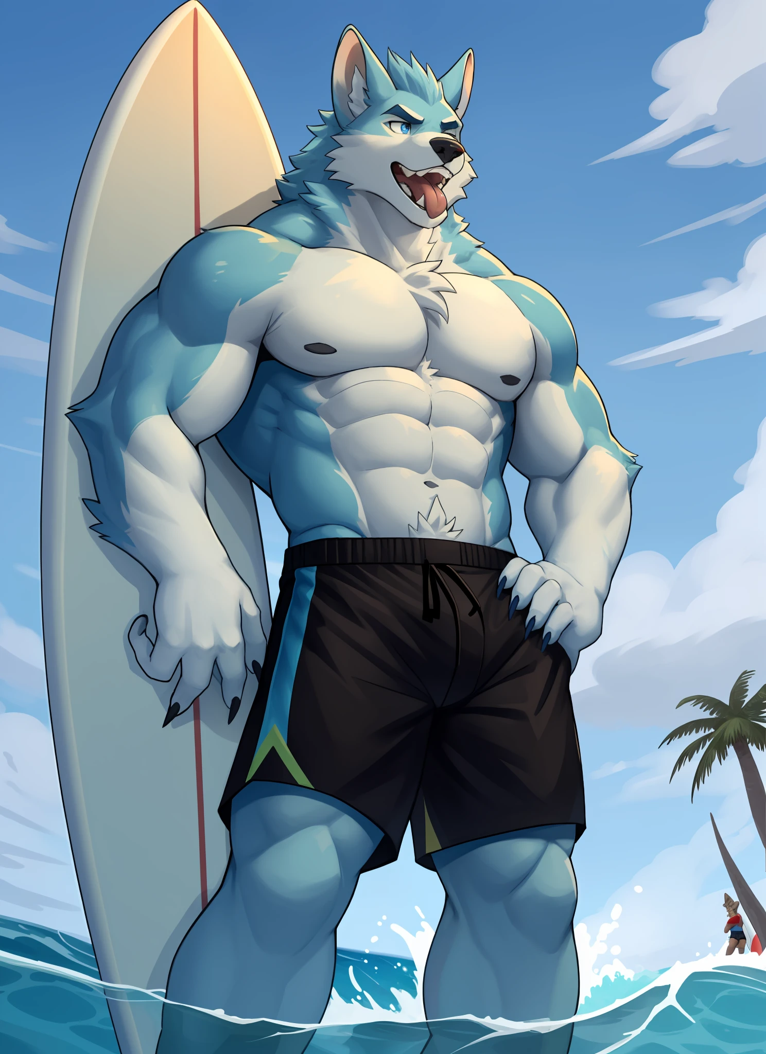 独奏,1boys, Male focus, very muscular, chest muscle, mucular male, Briefs, Sharp nails, During the Day,afloat, Long hairs, Blue fur,Thick legs,Lewd expression,独奏,solo person,swimshorts,Only one person!Cross your hands at the waist,Blue pupil,eye closeup,surfboard,Surfing,ocean swells,Stick out your tongue