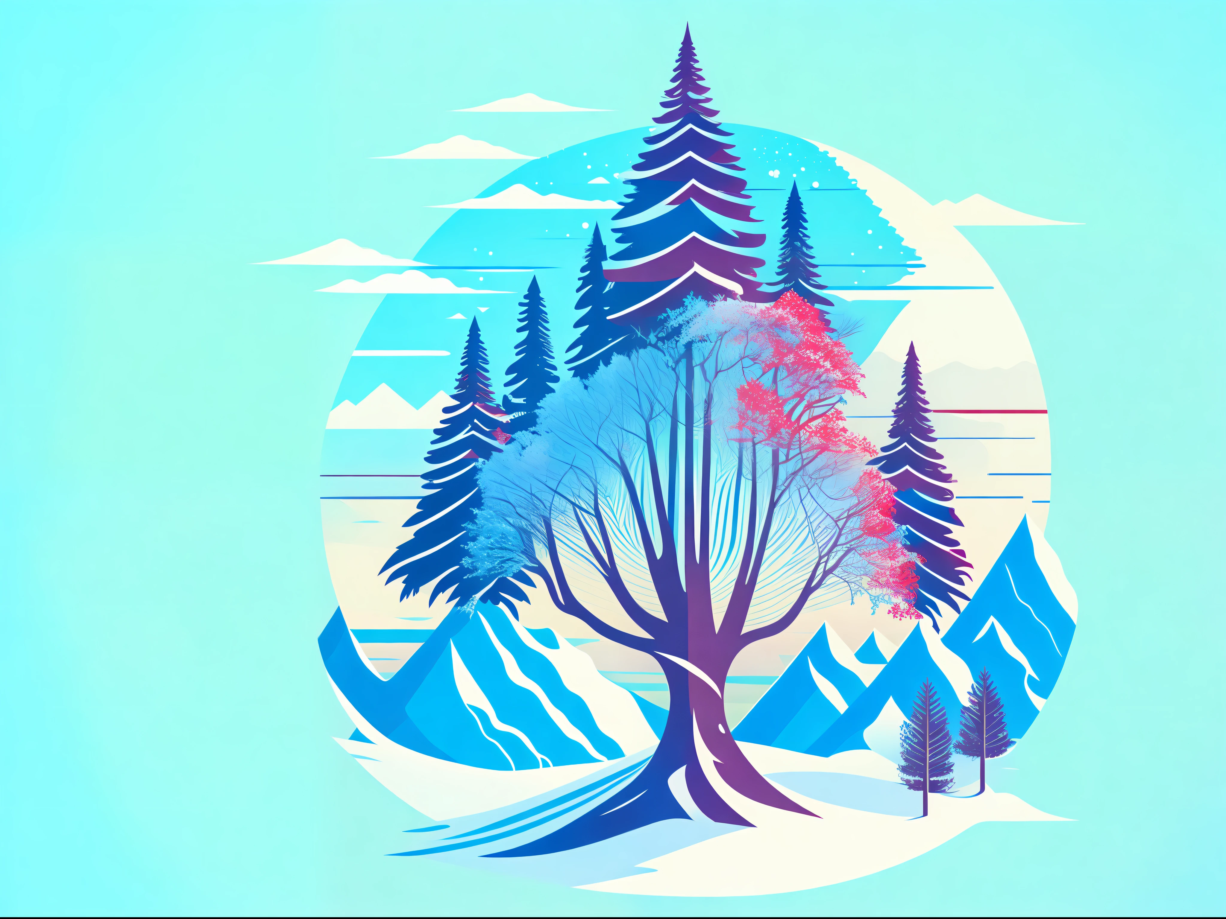 a spruice tree in a winter landscape, tshirt design, rzminjourney, vector-art