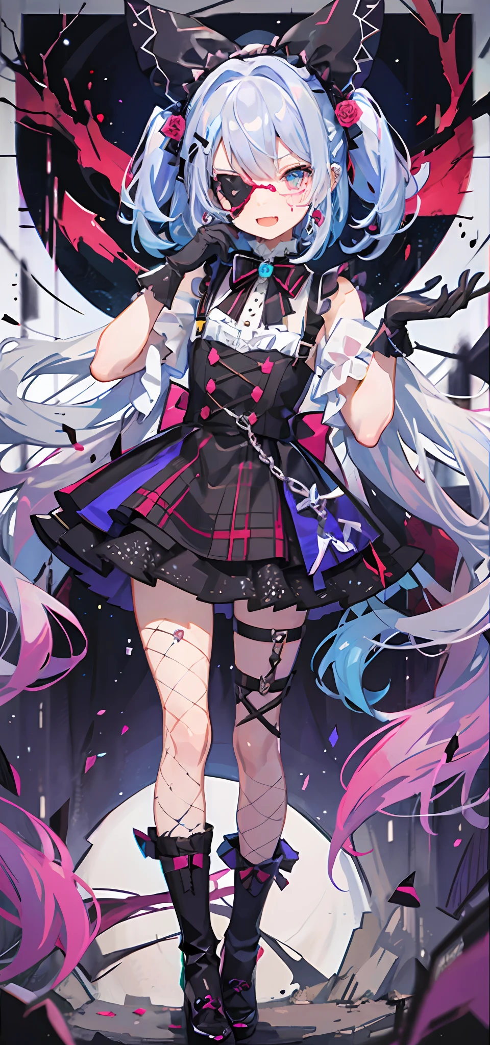 l vampire,fang,Plaid dress,Bow,ta fashion,Lolityle,Anime girl role play,Lori,Cutes, Angelic beauty, Lori, Portrait of Lolita g Purple lattice, y 2 k ,Y2K,Emo style,non-mainstream,Red checkered,Mines are girls,Harajuku style,Exaggerated dressing,Intricate ornaments,Rock style,Gothic style,rivet,ear ring,two color hair,Pink and blue hair,Purple plaid skirt,Half-cut gloves,Leg rings,Suspenders,Metal jewelry,skeletons,Love,Blood,Maniacal laughter,Sick,fishnet stockings,Unilateral eye patch,crosses,moonlit night,Thorny rose,Dramatic composition,volumettic light