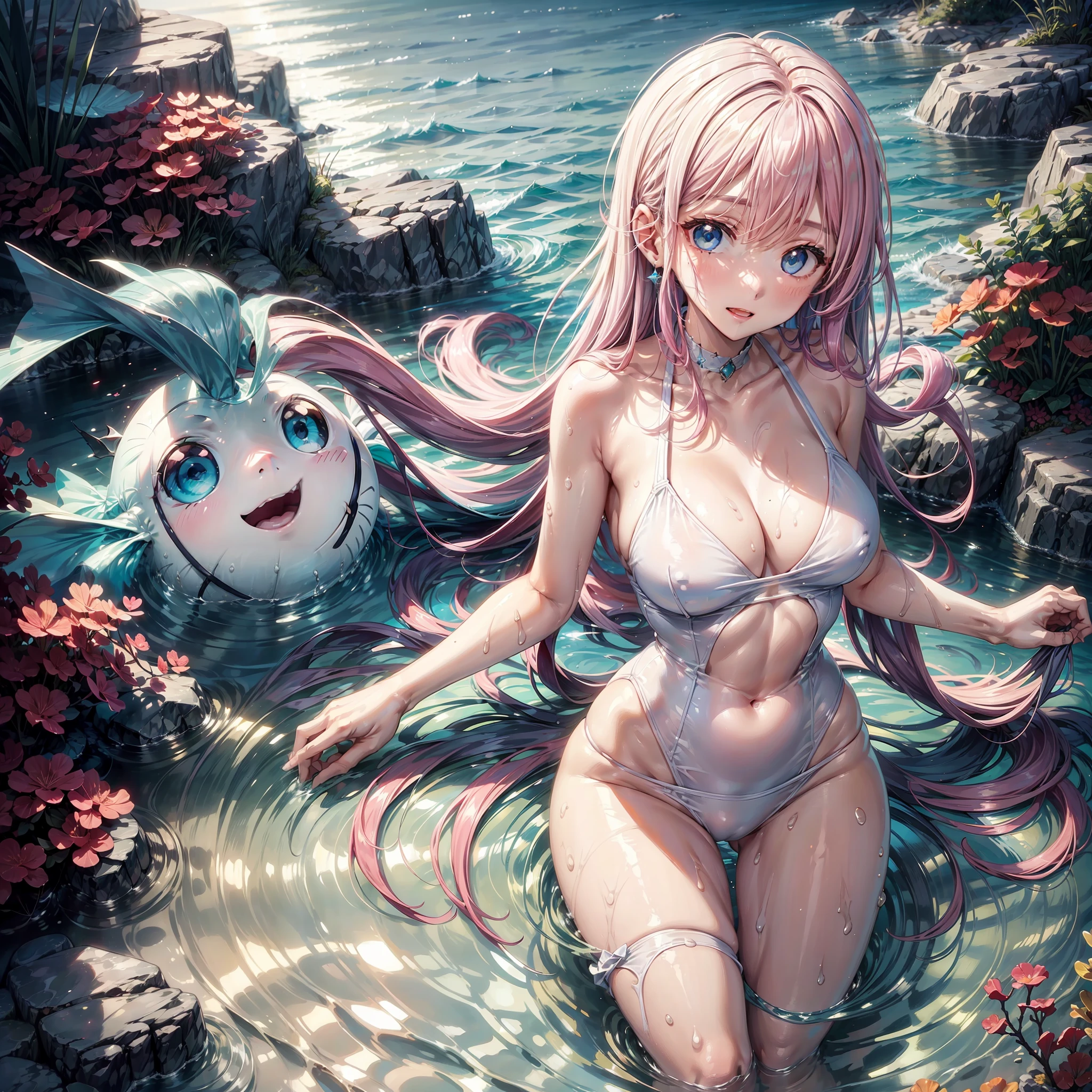 In the fantastic sea、many fish、swimsuiti、White swimsuit、Pink hair、Long、lightblue eyes、Swimming、