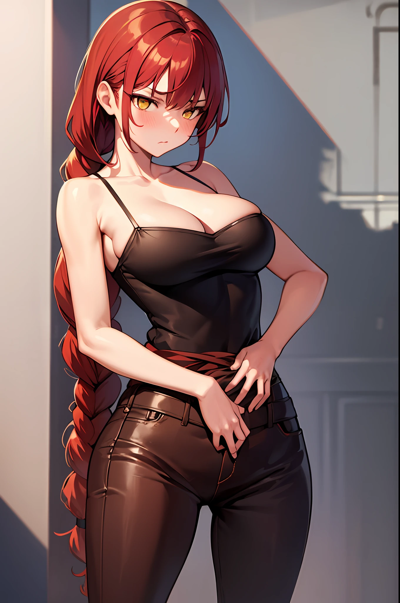 masterpiece, best quality, 1girl, long hair, big bust, very long red hair, jeans, brown pants, cowboy clothes, outer, sexy, sensual, nlanca and brown clothes, yellow eyes, serious, emotionless, adult woman, braids, seductress, hands on waist,