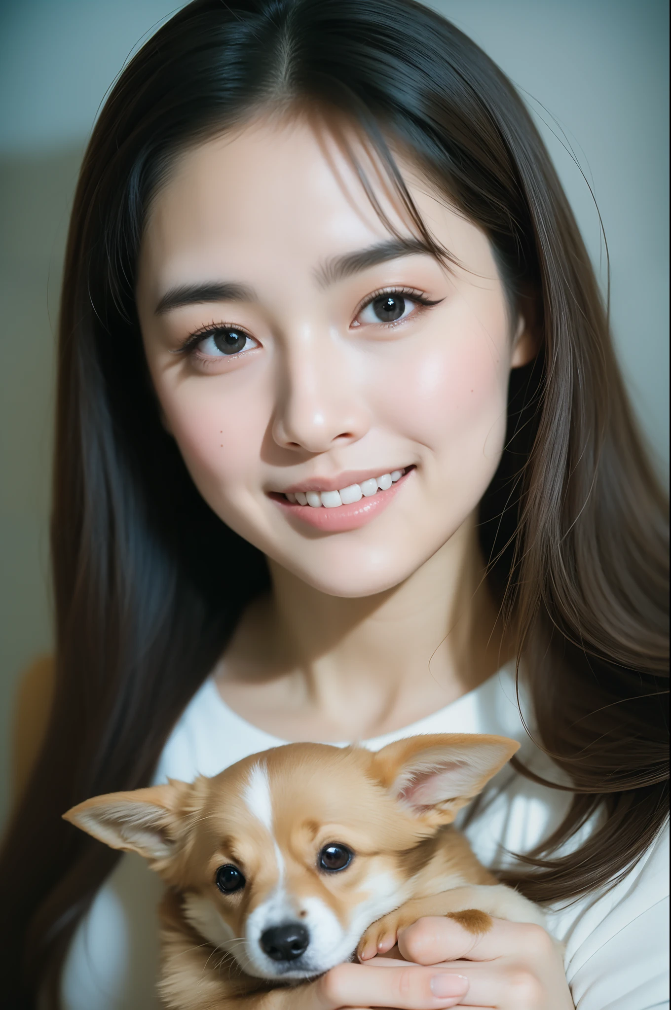 1girls, Upper body portrait of beautiful 25 year old woman (a little welsh corgi puppy in her arms), Looking at Viewer, piercing eyes, fairyland at background, neko, mystical, Surreal, Colorful, Detailed face, Detailed skin, hard disk, dream, Ultra Wide Angle, Hyper-Realism, hyper-detail, centred,Smiling Woman、Photo of a Beautiful Korean kpop idol Woman, Summer, Lustful, Film grain, Ilford HP5, 80mm